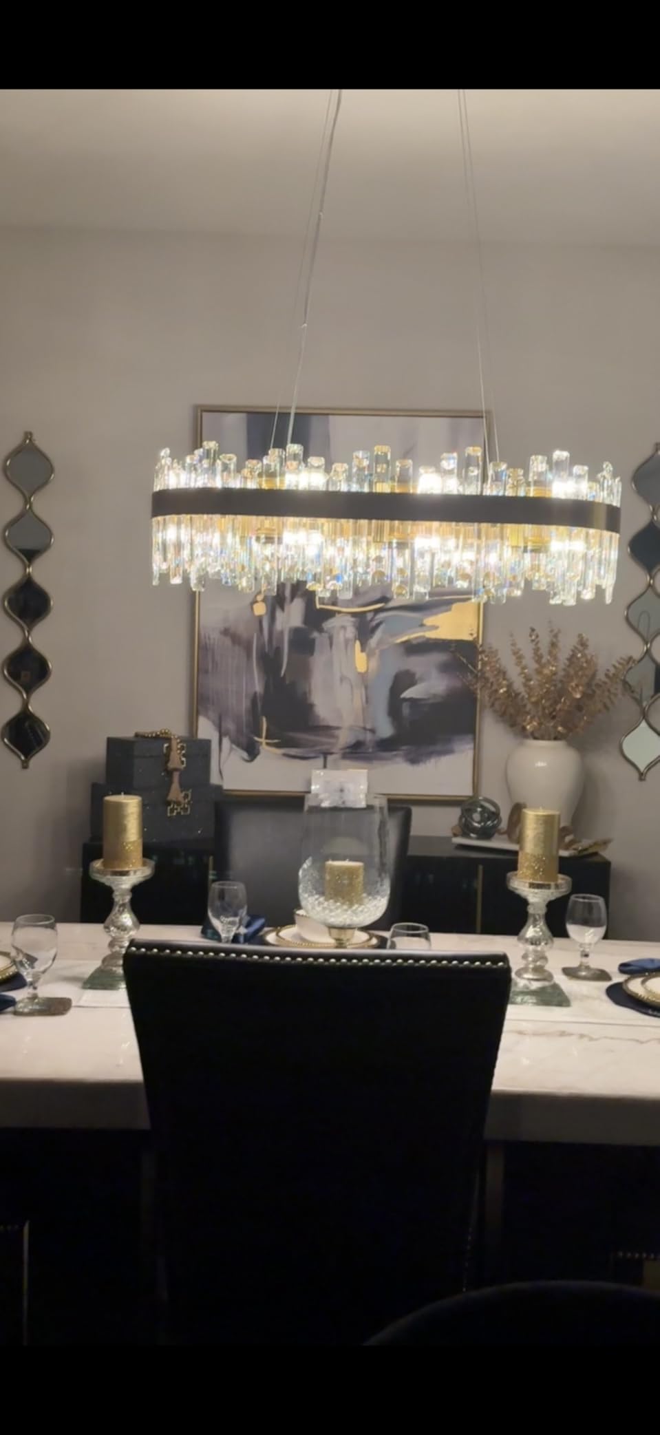 CROSSIO Modern Crystal Chandelier for Dining Room, 12-Light Luxury Gold Flush Mount Crystal Ceiling Light 2-Tiers K9 Crystal Raindrop Chandelier for Living Room Kitchen Entryway Foyer D23.6'' customer photo 2