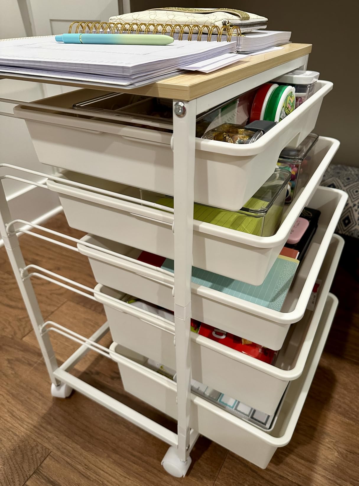 Craft cart, Rolling Cart with Drawers, Storage Cart with 5 Drawers and Wooden Tabletop for Under Desk Organizers and Storage, Green customer photo 1