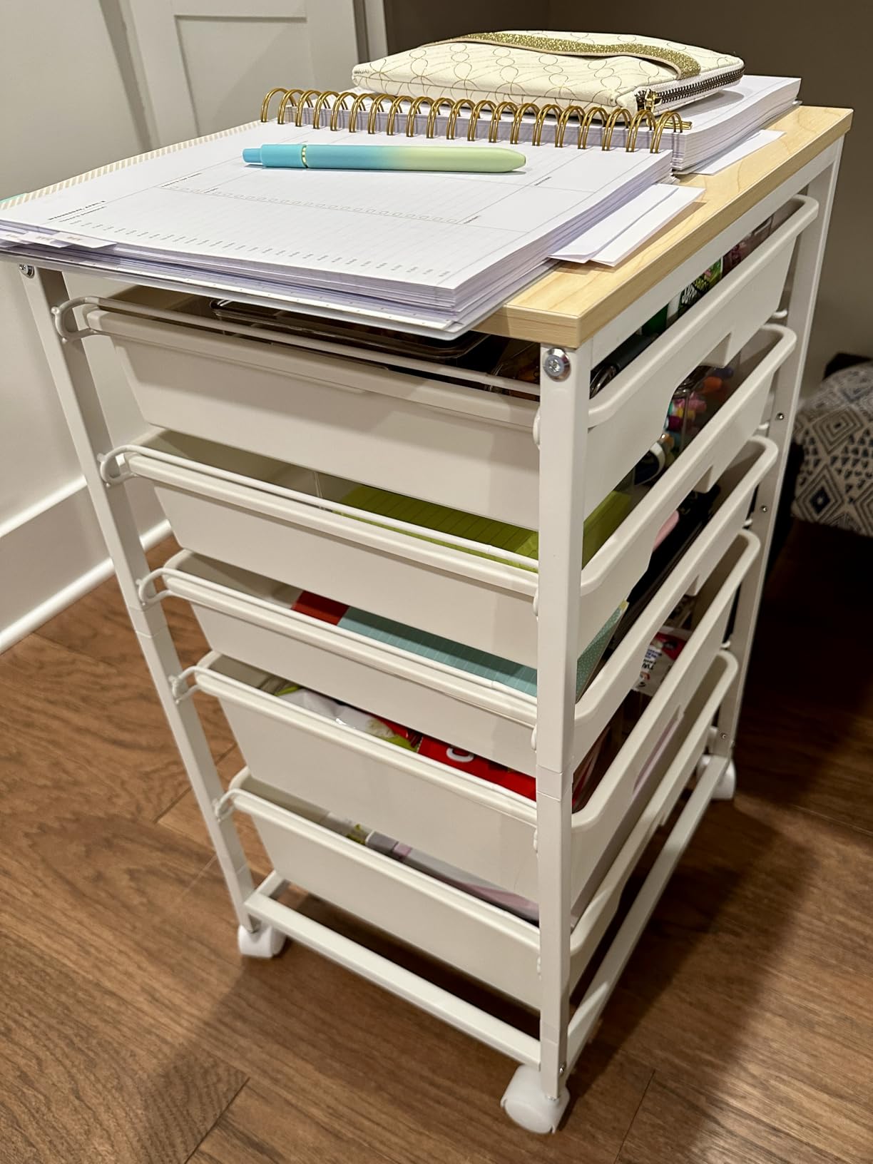 Craft cart, Rolling Cart with Drawers, Storage Cart with 5 Drawers and Wooden Tabletop for Under Desk Organizers and Storage, Green customer photo 2