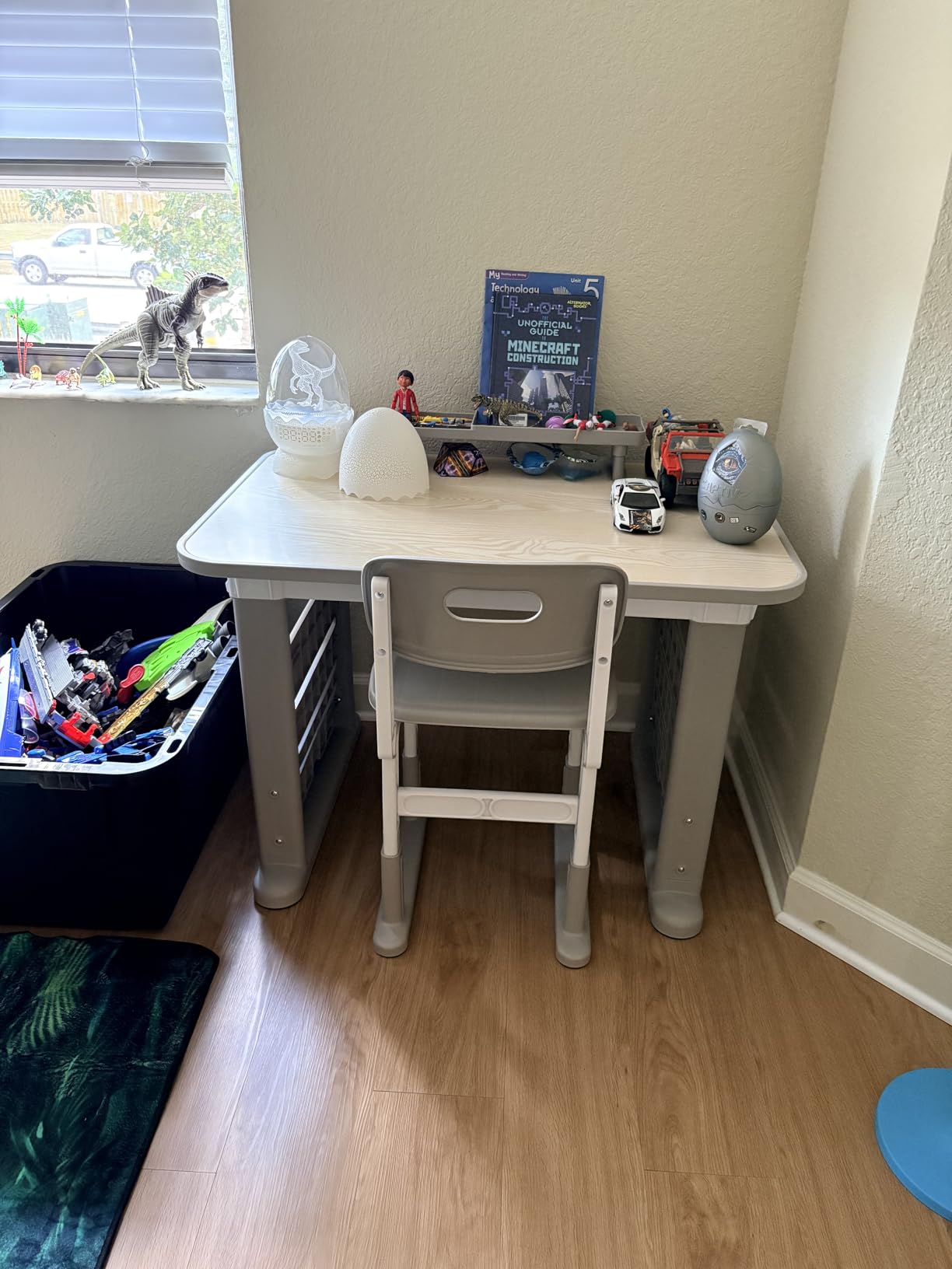 Kids Desk and Chair Set, Height Adjustable Childrens Study Desk, Graffiti Table for 3-12 Years, Kids Art Table with Side Bookshelf and Storage, Multi-Functional for Bedroom & Study Room(Grey) customer photo 1