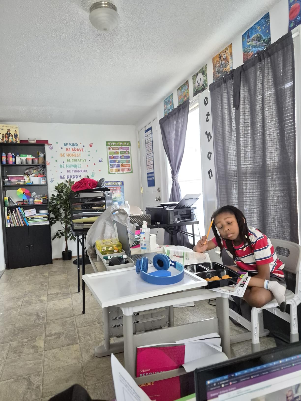 Kids Desk and Chair Set, Height Adjustable Childrens Study Desk, Graffiti Table for 3-12 Years, Kids Art Table with Side Bookshelf and Storage, Multi-Functional for Bedroom & Study Room(Grey) customer photo 2