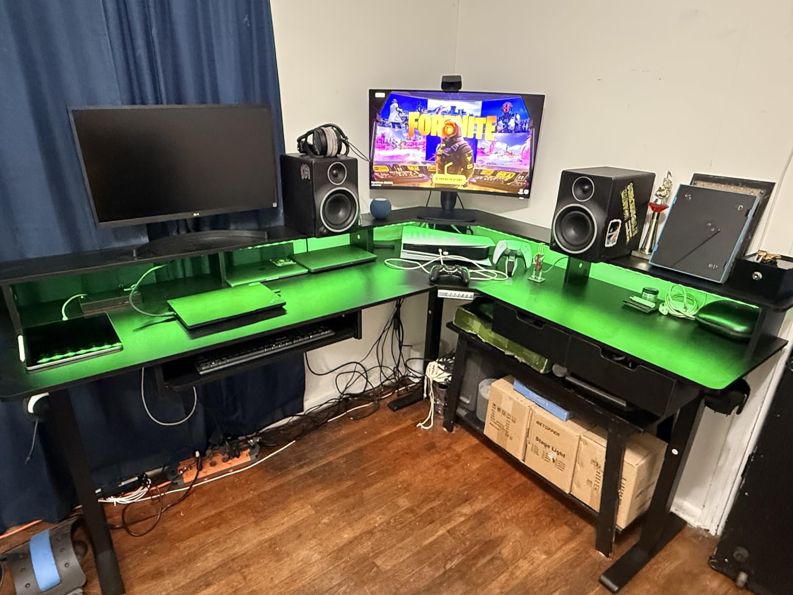 RedLemon 75X60 Inches L Shaped Electric Standing Desk, Height Adjustable Corner Gaming Desk with Drawers, Power Outlets & LED Lights, Computer Desk with Monitor Shelf, Carbon Fiber Black customer photo 1