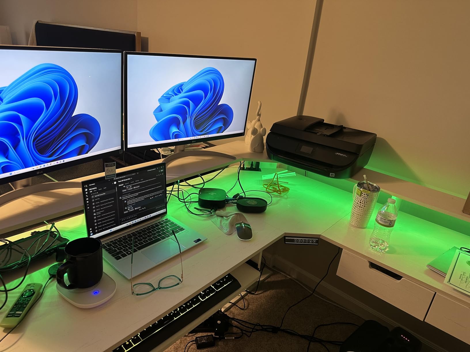 RedLemon 60 Inches L Shaped Electric Standing Desk, Height Adjustable Corner Gaming Desk with Drawers, Keyboard Tray, Power Outlets & LED Lights, Computer Desk with Monitor Shelf, Dark Walnut customer photo 1
