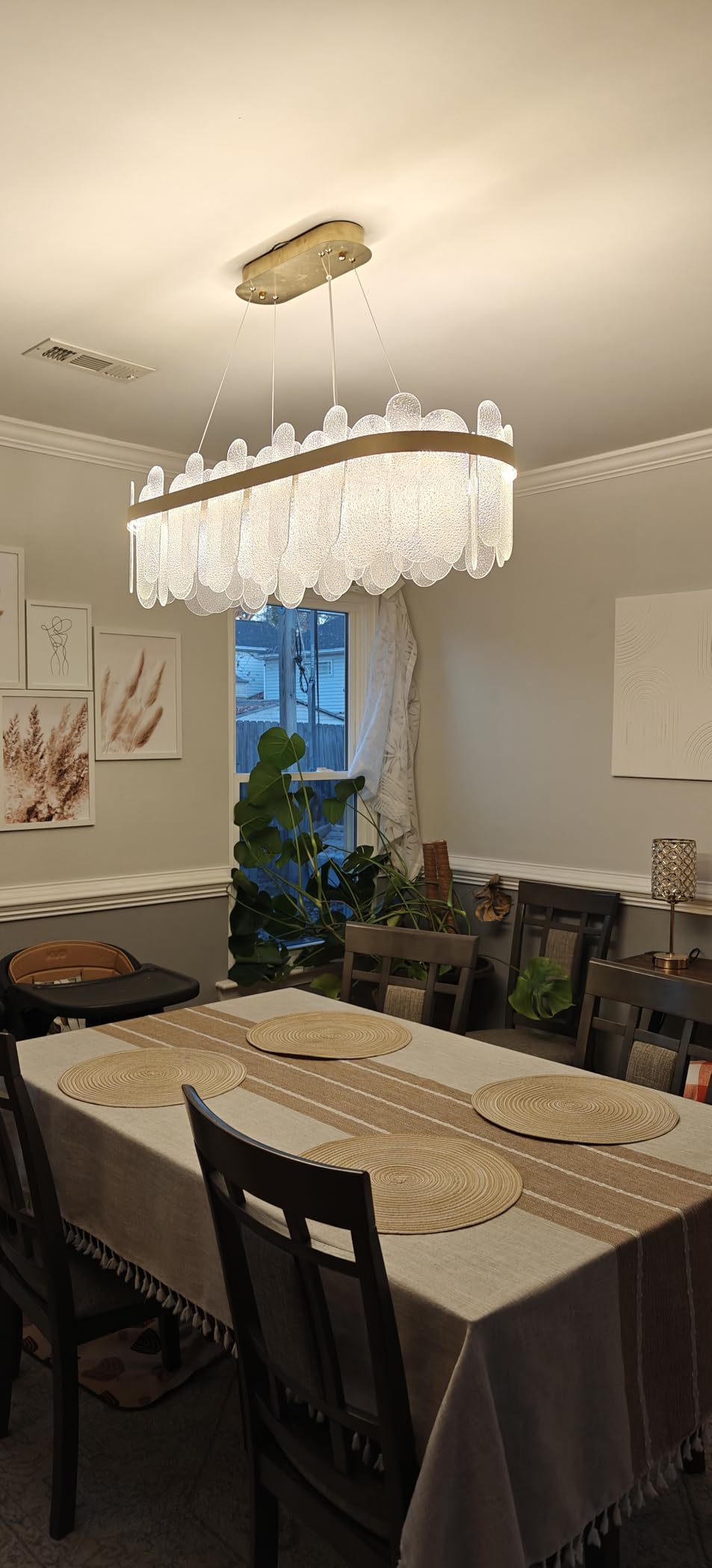 Gold Rectangle Chandelier for Dining Room, Modern LED Linear Glass Pendant Light, 3-Color Dimmable Hanging Fixture for Kitchen Island, Luxury Lighting,L47'' × W14'' × H10'' customer photo 1
