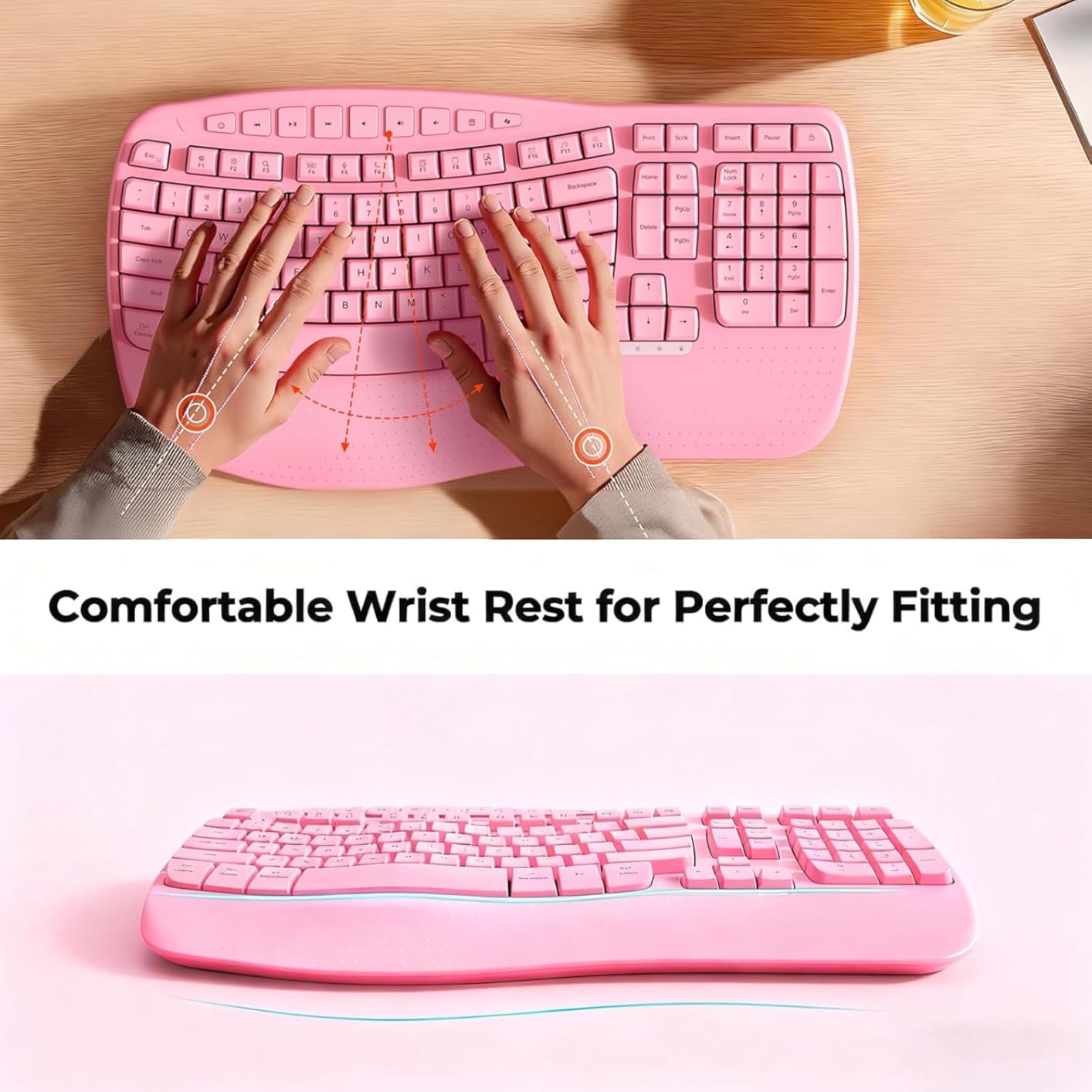 MEETION Wireless Ergonomic Keyboard, Wave Keys Firm Wrist Rest for Natural Typing, 2.4G USB-A Cordless Receiver and USB-C Adapter, Ergo Computer Keyboard Compatible with Windows/Mac/PC/Laptop, Black customer photo 2