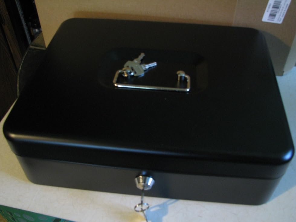 Cash Box with Money Tray and Lock, Metal Money Box for Cash Register, Large Cash Lock Box for Money Safe Includes 5 Slots Coin Tray, 4 Bill Slots, 4 Keys, 11.8