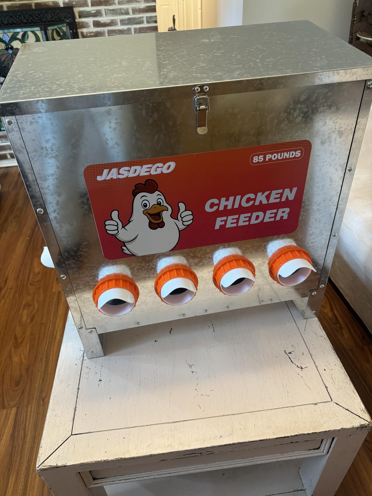 Metal Chicken Feeder No Waste 10 Ports Automatic Poultry Feeder Large Capacity 85 Pounds with Latch & Handle for Chickens Bantams Pheasants Poultry Coop Weatherproof customer photo 2