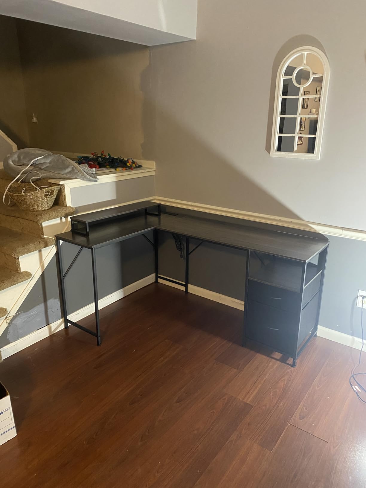 63 Inch L Shaped Desk with Power Outlets and USB-C Port, Computer Corner Home Office Desk with File Fabric Drawers and Movable Monitor Stand, Larger Storage, Gaming, Writing, Rustic Brown customer photo 2