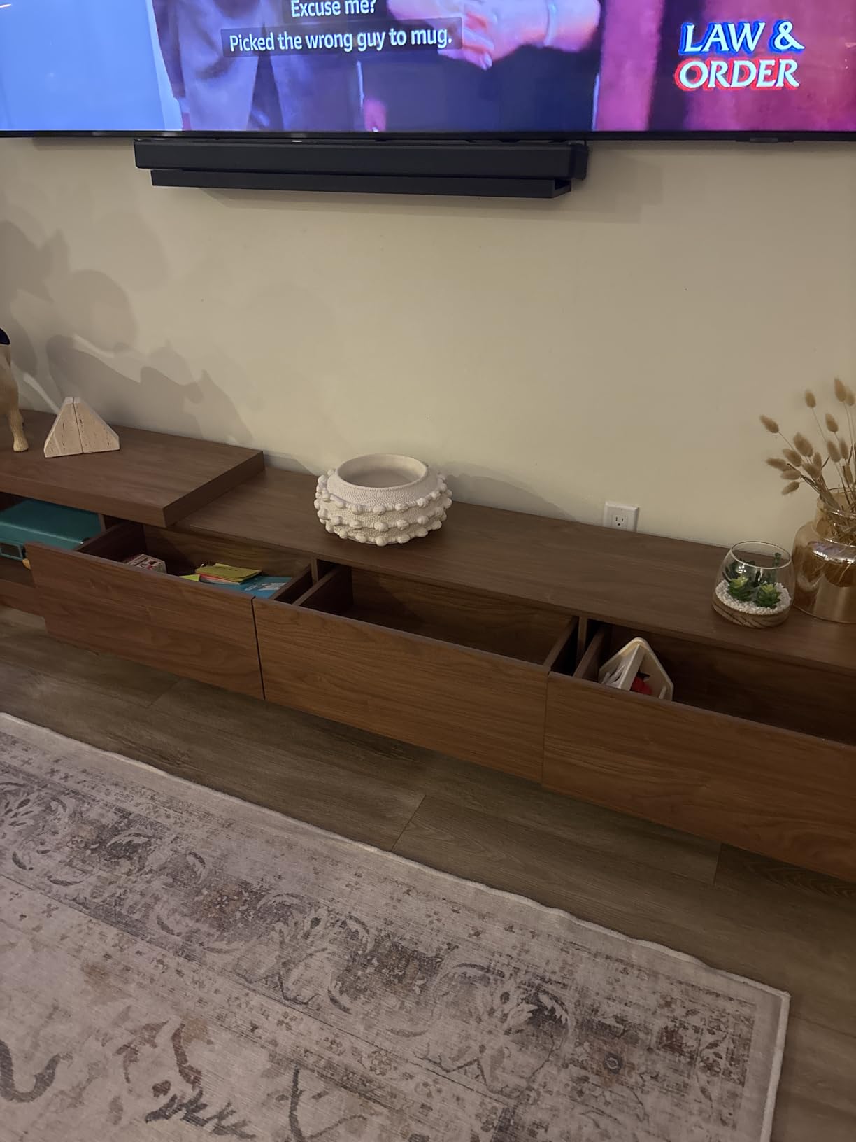 Extendable TV Stand for 65-100 Inches TVs - Walnut Entertainment Console with 3 Drawers & 1 Storage Compartment, Adjustable Length 68.5''-98.4'' (Walnut, 68.5''-98.4'') customer photo 1