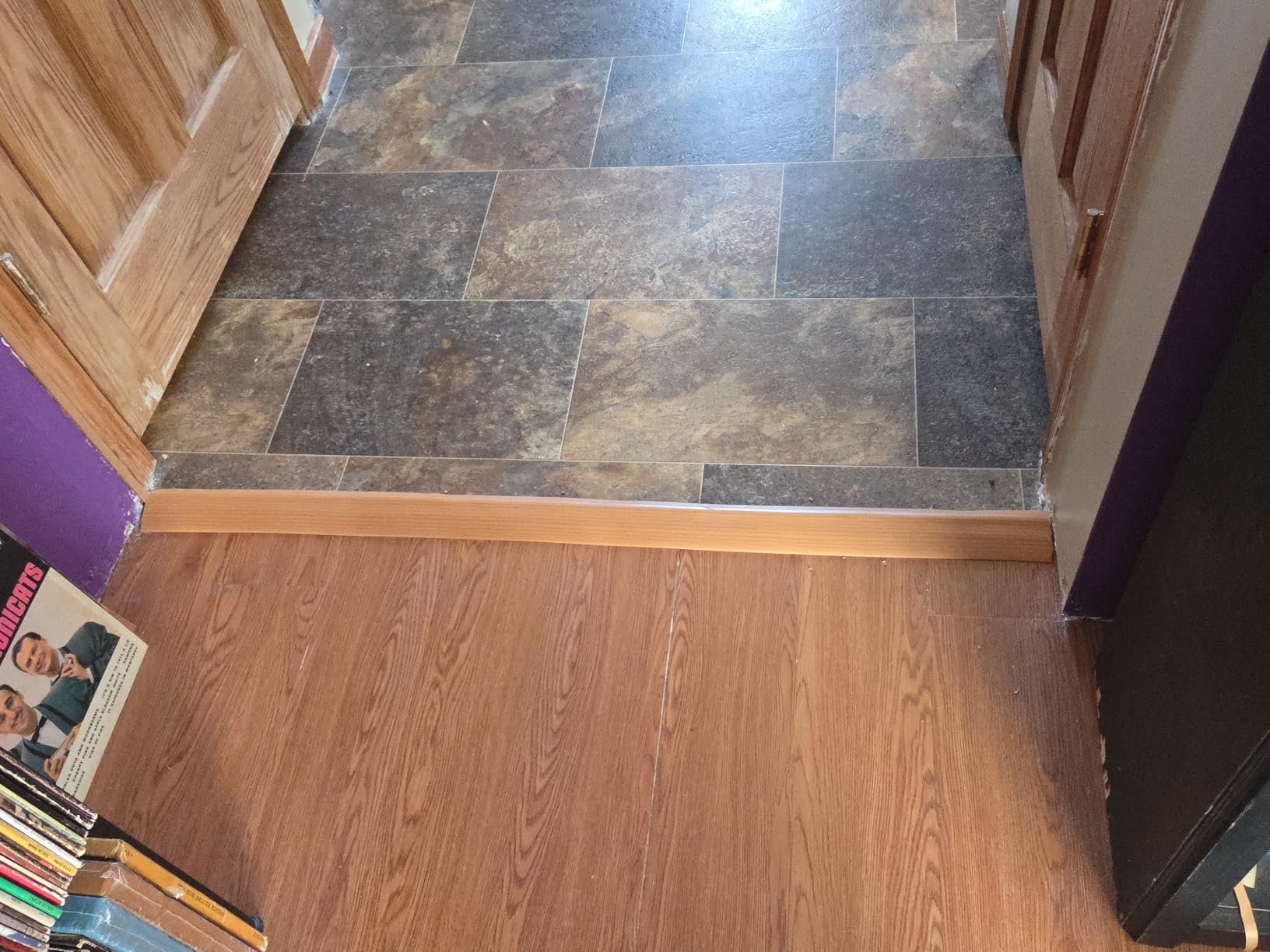 Floor Transition Strip Self Adhesive Vinyl Door Threshold for Doorways Carpet Edging Trim Overlap Edge Reducer for Laminate Floor, Carpet, Tile (Deep Brown Wood Grain, 1/5in to 2/5in, 3.3Ft) customer photo 1