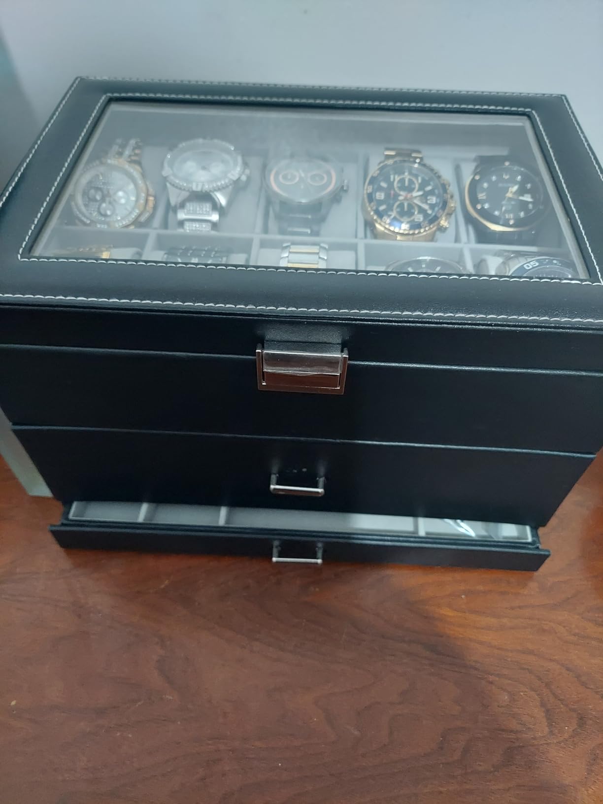 ProCase 20 Slot Watch Box for Men, 3-Layer Watch Display Case with Glass Lid, Watch Holder with Drawer, Jewelry Storage Organizer for Watches Straps Rings -Brown customer photo 1