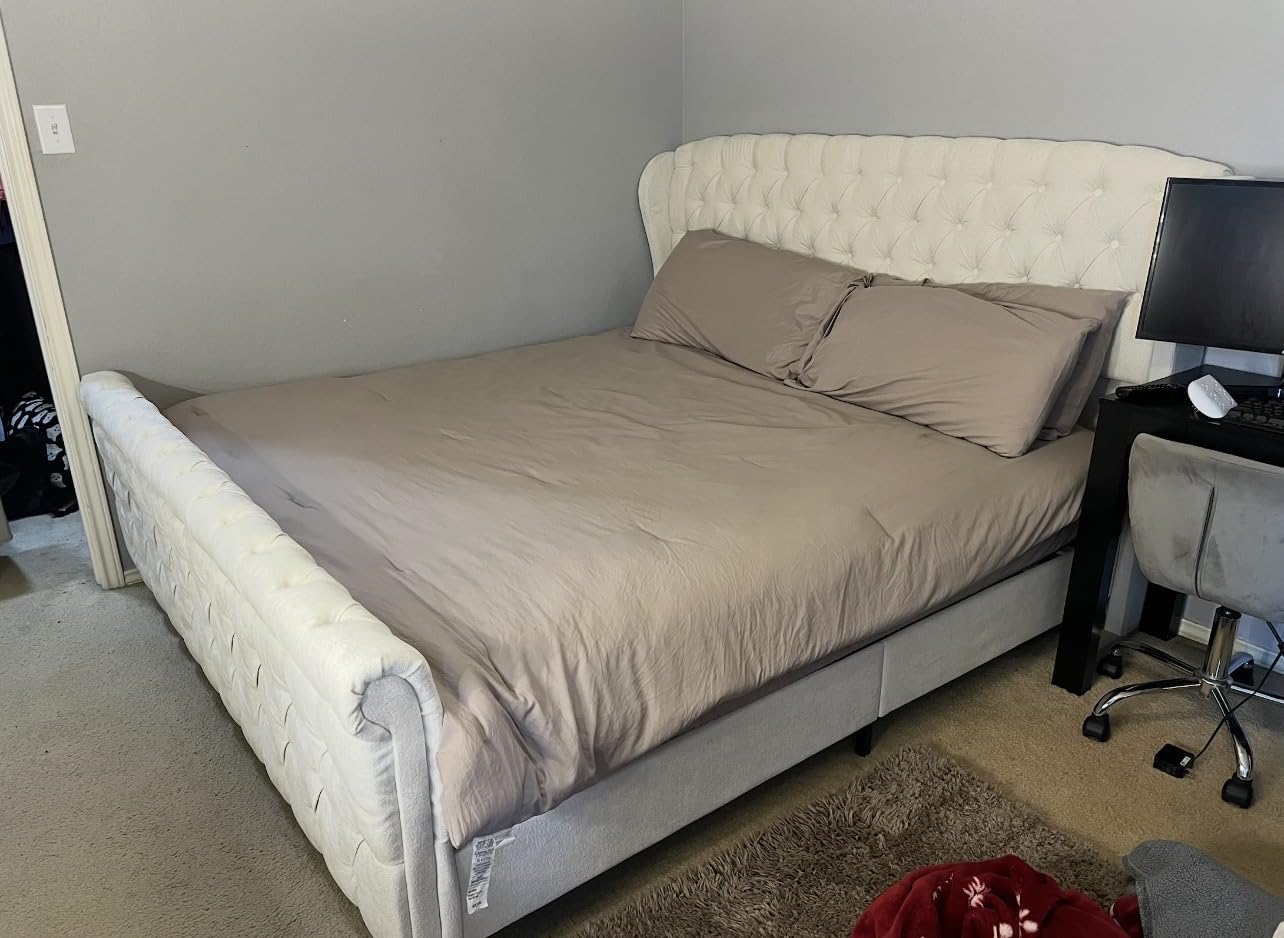 AMERLIFE California King Size Platform Bed Frame, Velvet Upholstered Sleigh Bed with Scroll Wingback Headboard & Footboard/Button Tufted/No Box Spring Required/Grey customer photo 1
