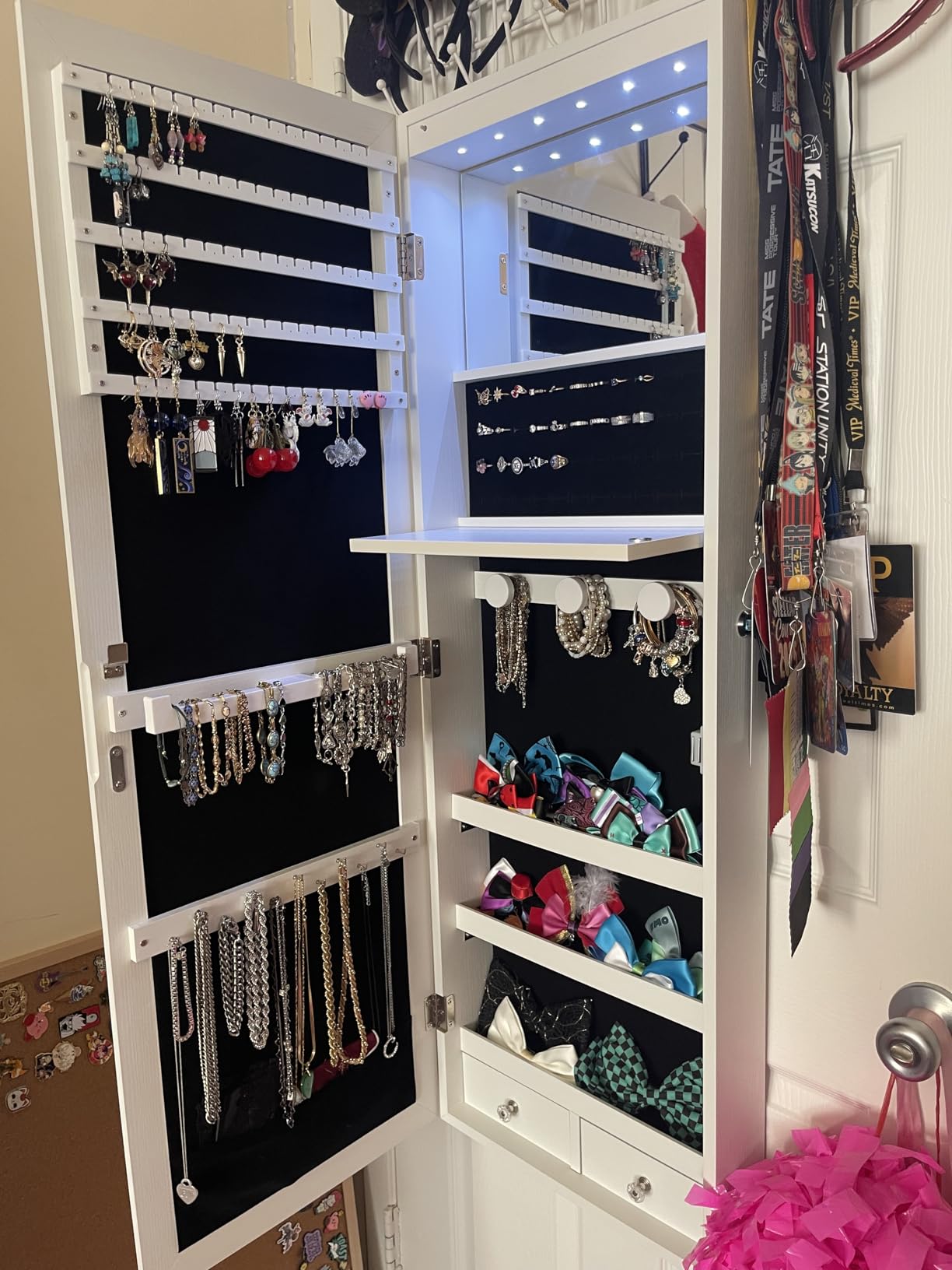 JOYUSAEN Mirror Jewelry Organizer, Wall/Door Mounted Jewelry Armoire with Full-Length Mirror, Hanging Jewelry Cabinet with LED Interior Lights, White customer photo 2