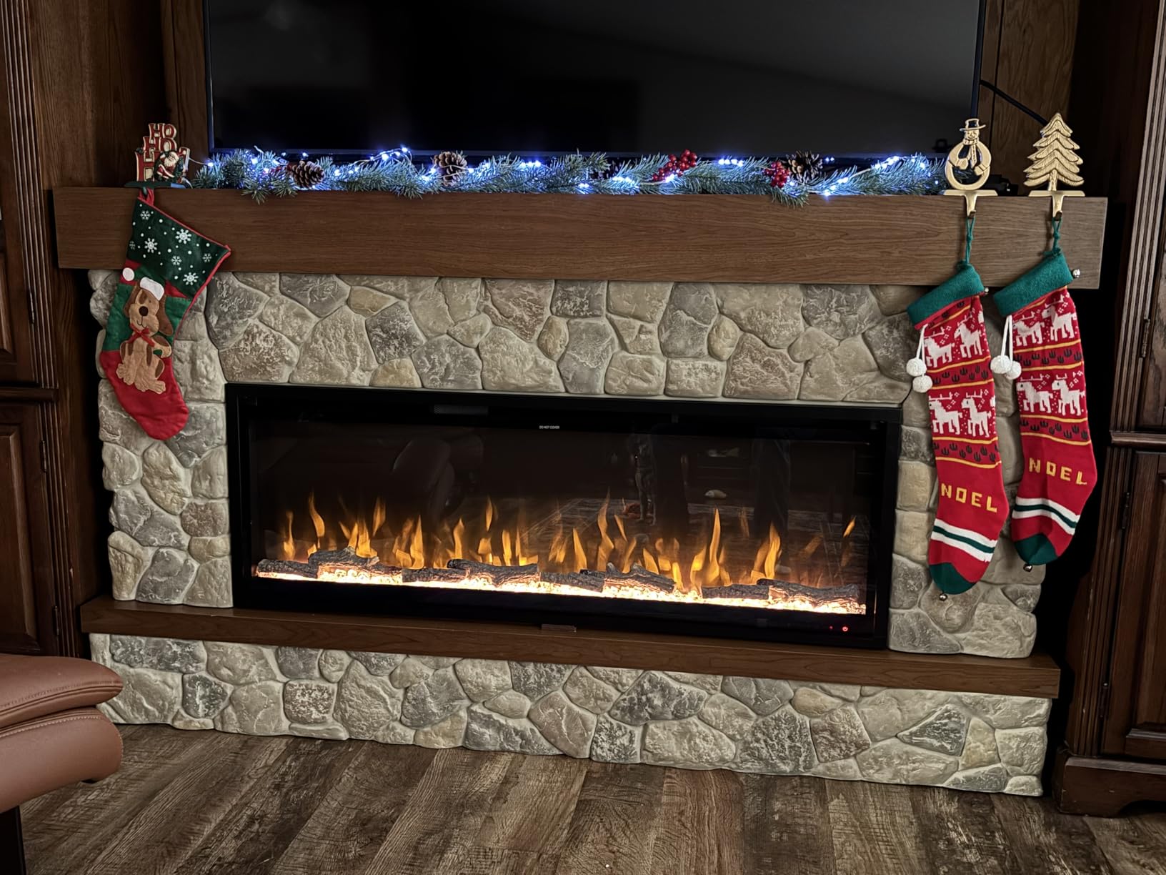 Modern Ember Brookstone 74 Inch Smart Electric Fireplace Mantel Package | 50 Inch Firebox Insert Heater with Remote | Warm Walnut Shelving | Multi-Color Flames | Alexa/WiFi Enabled customer photo 2