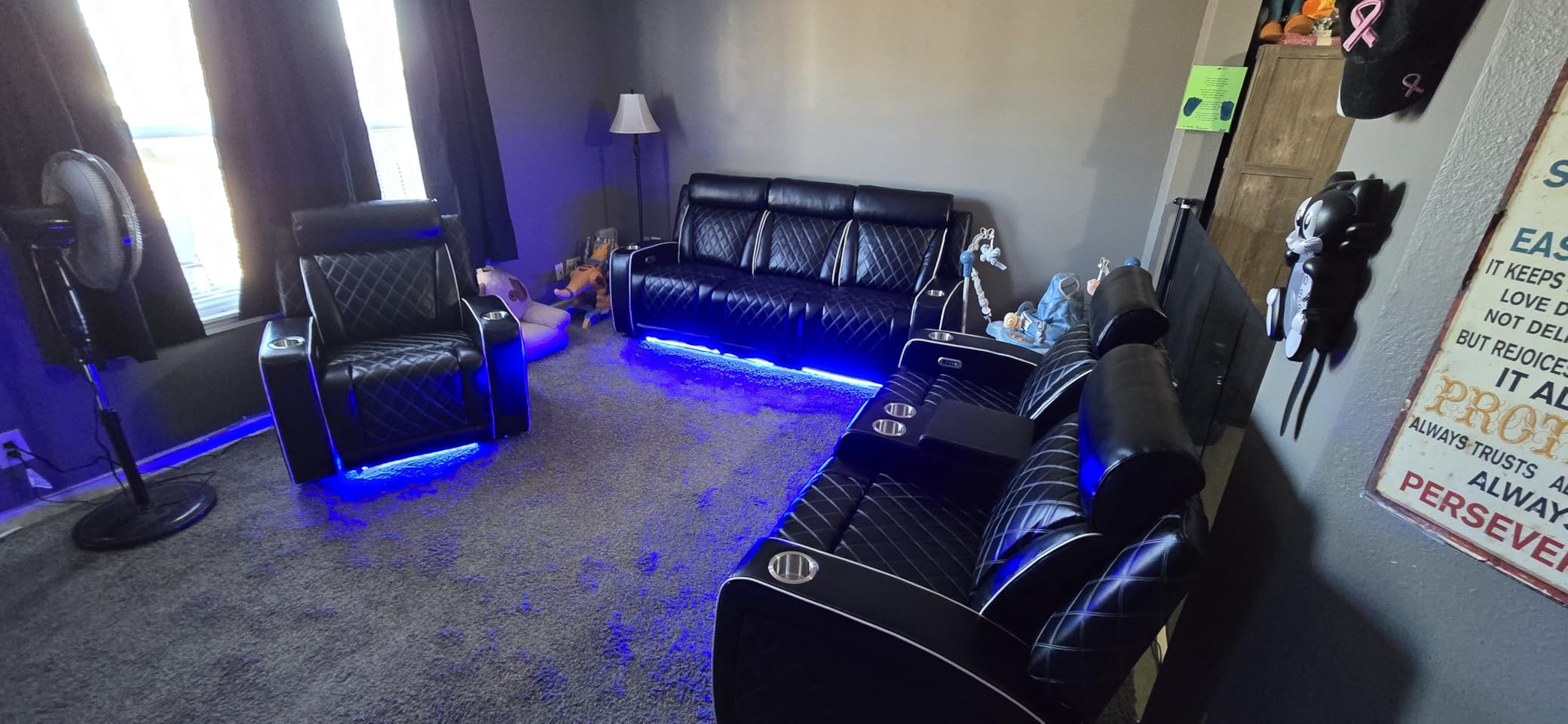 Power Recliner Sofa Set, Leather Reclining Couch Set with LED Light/Cup Holders, Power Leather Recliner Furniture Set for Living Room/Bedroom/Home Theater (Black, 3 Piece Reclining Sofa Set) customer photo 1