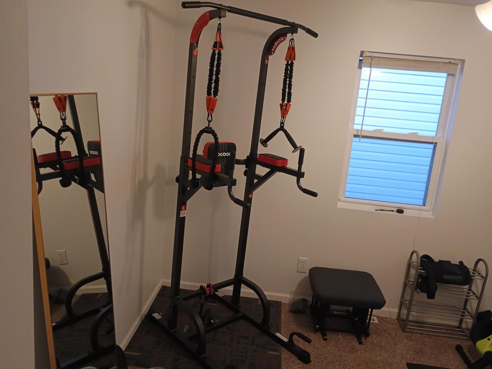Pooboo Power Tower Dip Station Pull Up Bar for Fitness Home Gym Workout, 450 Pounds Multi-Function Adjustable Height Fitness Strength Training Exercise Equipment, with Power Elastic Ropes customer photo 1