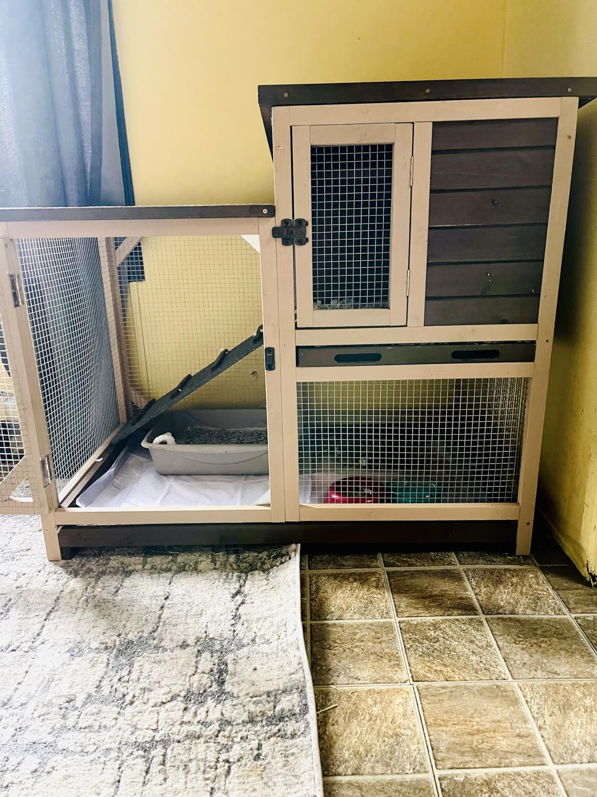 GUTINNEEN Duplex Rabbit Hutch Indoor with Chew-Proof Frame & 2 Leak-Proof Sliding Trays, Rain Cover, Wooden Guinea Pig Cages with Wheels - Black and White customer photo 1