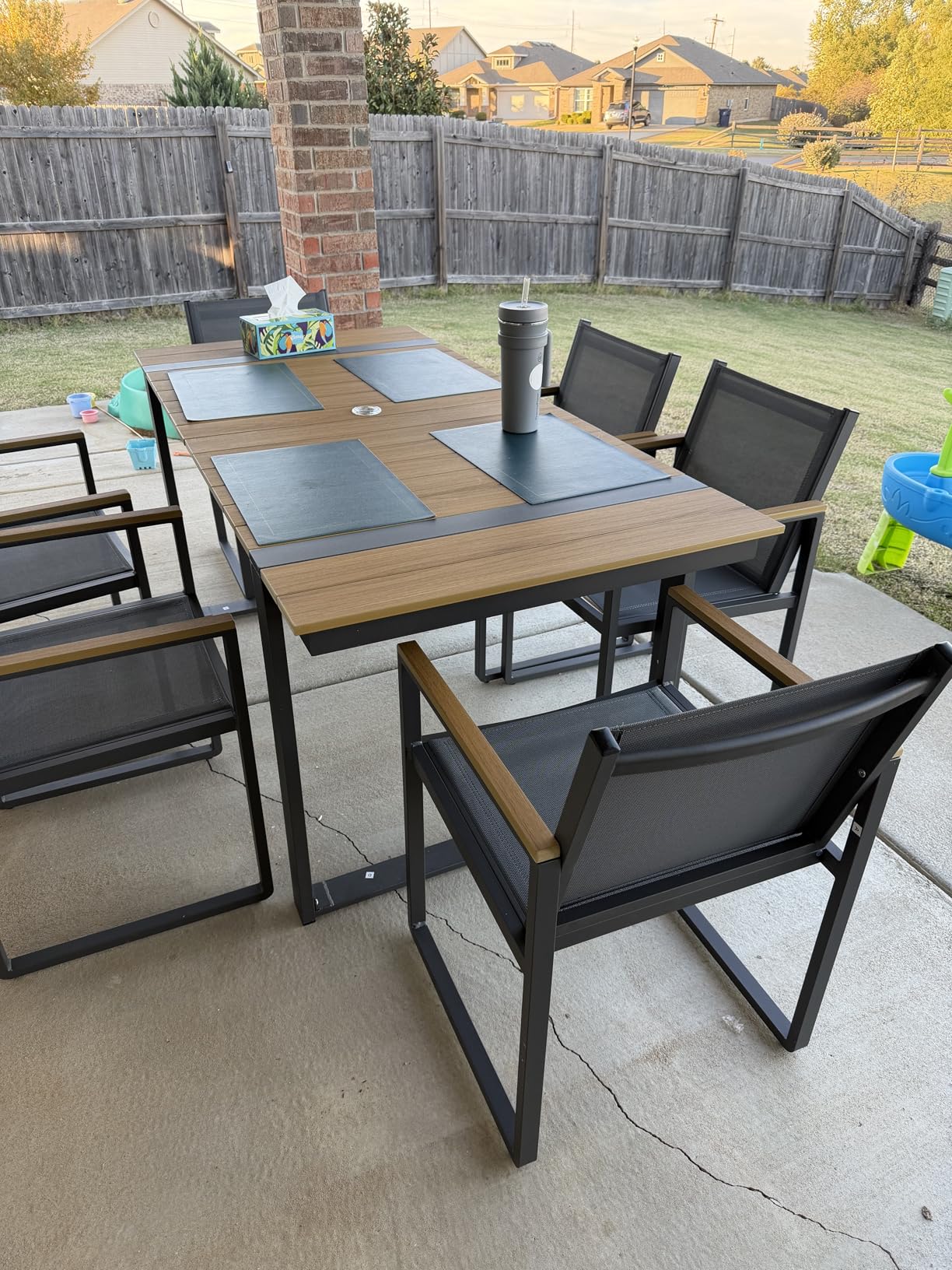 Outdoor Dining Set, Patio Table and Chairs Set, 7 Piece HDPS + Aluminum Patio Furniture Set with Umbrella Hole, Patio Dining Table Set (Gray-Teak) customer photo 2