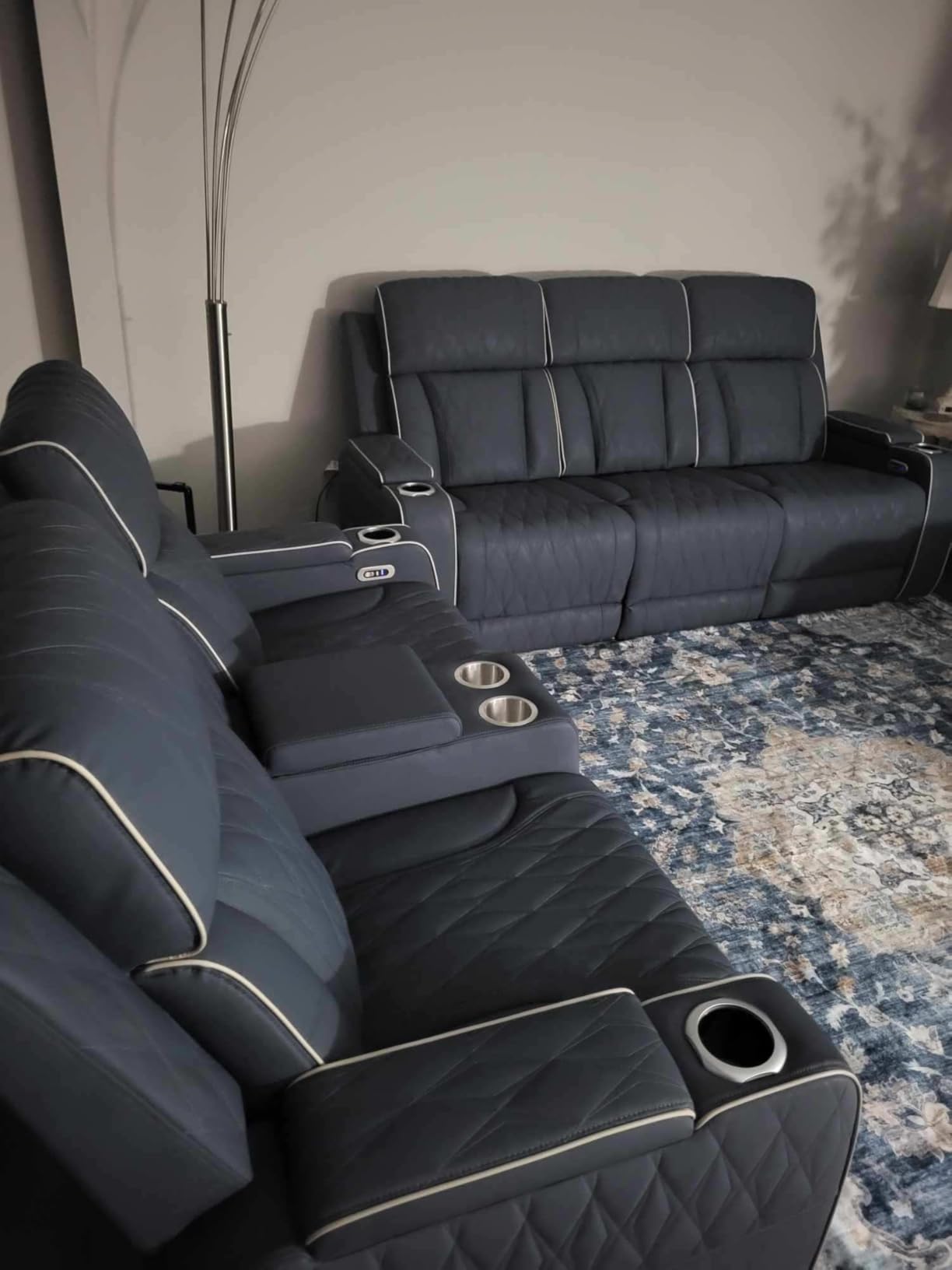 Power Recliner Sofa Set with LED, Air Leather Reclining Couch with USB Port/Cup Holders/Storage Console,3 Pieces Leather Sofa and Loveseat Chair for Living Room/Apartment/Office (Blueish Grey) customer photo 2