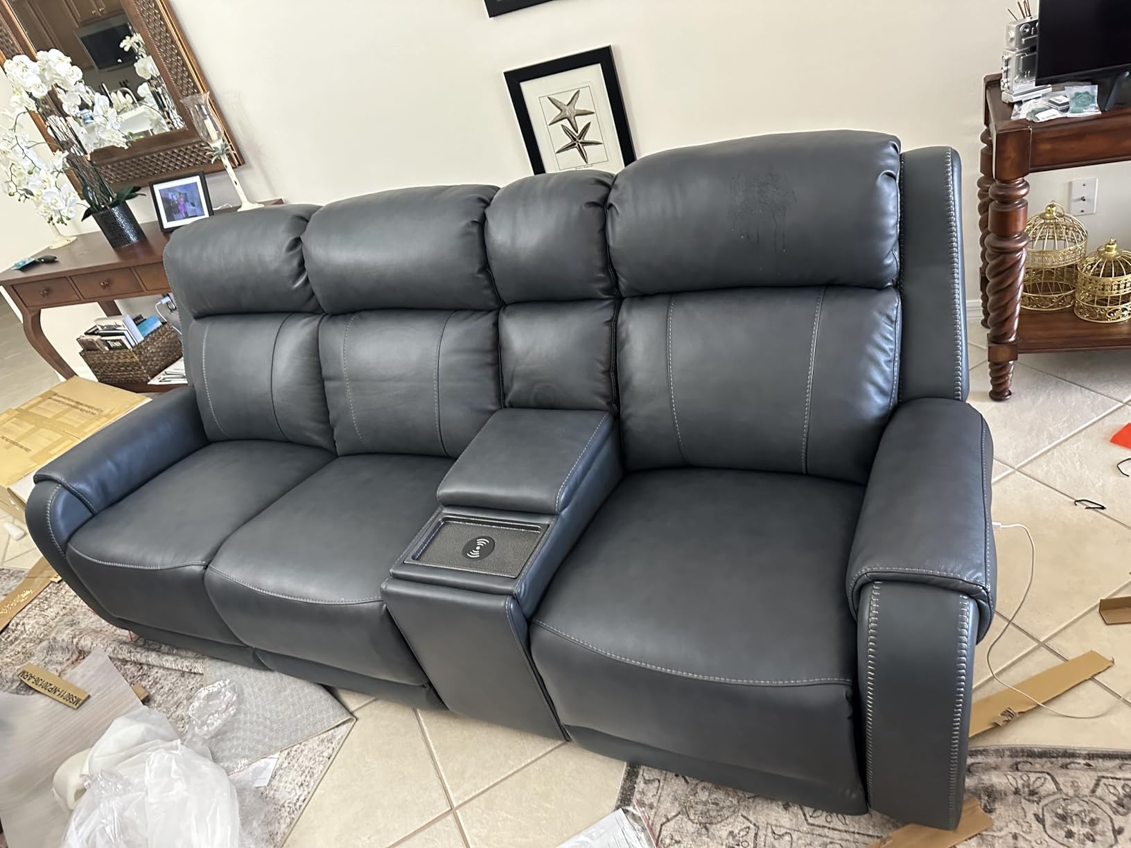 CHITA Genuine Leather Power Recliner Sofa, Wall Hugger Reclining Sofa with Console, Power Headrest, Dual Motor, USB Charging Ports, Recliner Couch for Living Room, RV, Leather in Saddle customer photo 2