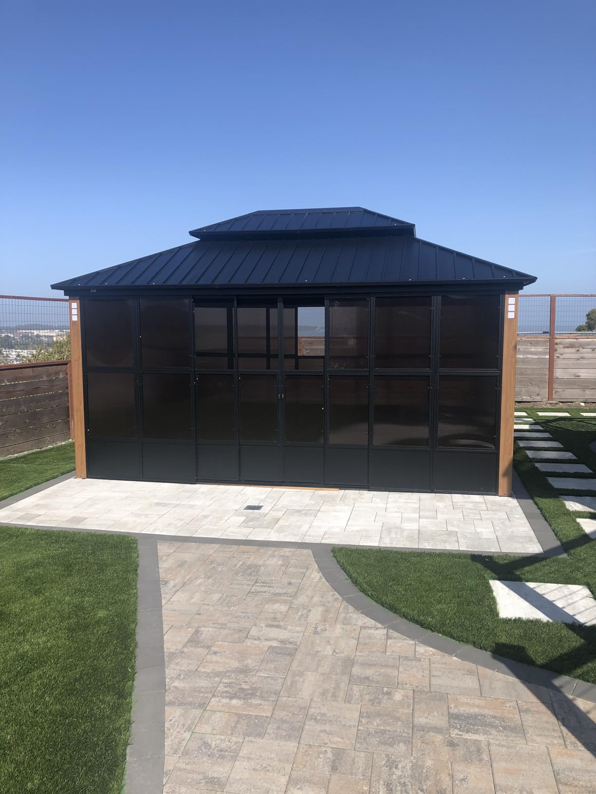 PURPLE LEAF 12' X 24' Outdoor Gazebo Wood Grain Entertainment Hardtop Canopy Galvanized Steel Double Roof Aluminum Frame for Garden Patio Solarium and 36 Solar String Light customer photo 2