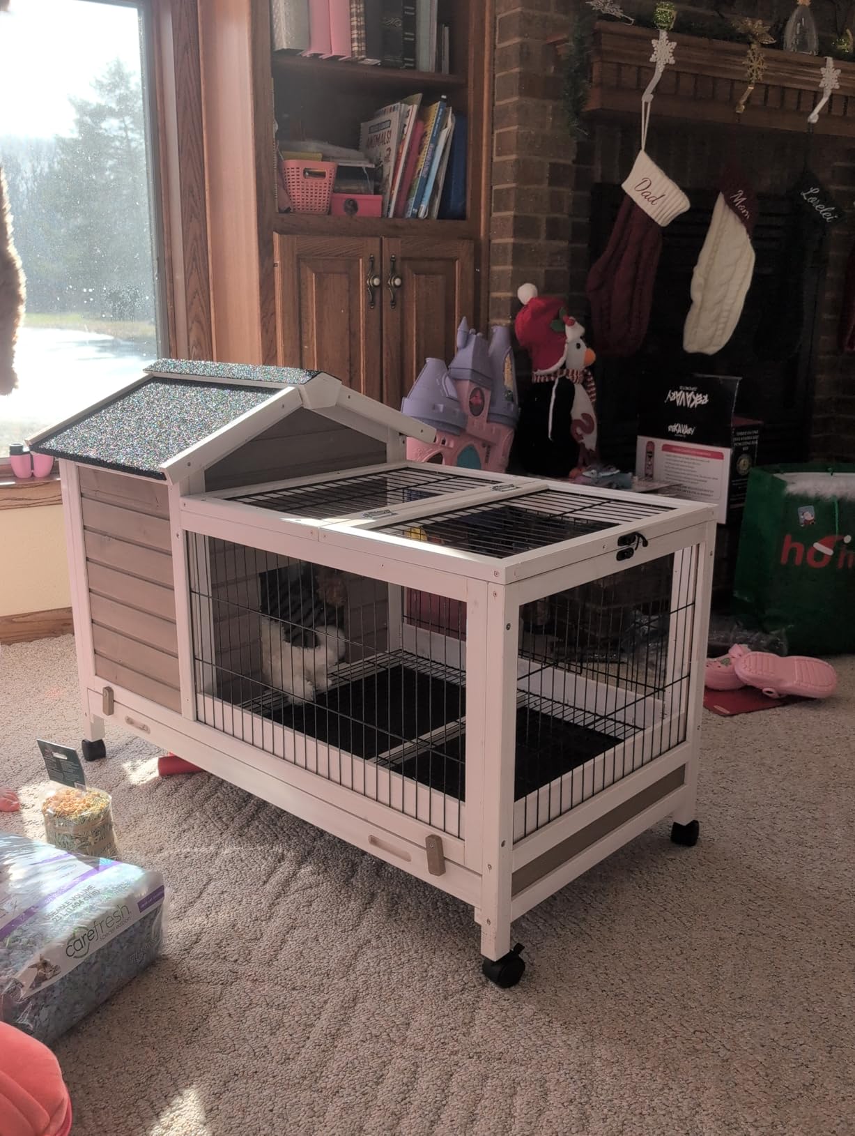 Wooden Rabbit Hutch Indoor and Outdoor with Waterproof Roof, Mobile Rabbit Cage with Wheels, 2-Story Bunny Cage with Leak Proof Tray and Chew Proof Ramp (Grey) customer photo 2