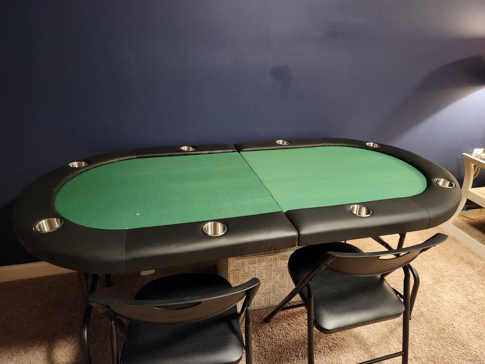 ECOTOUGE Foldable Poker Table, 8 Players Poker Gaming Table w/Stainless Steel Cup Holder & Portable Storage Bag, Folding Oval Texas Holdem Table for Blackjack, Casino Game, Fully Assembled, Blue customer photo 1