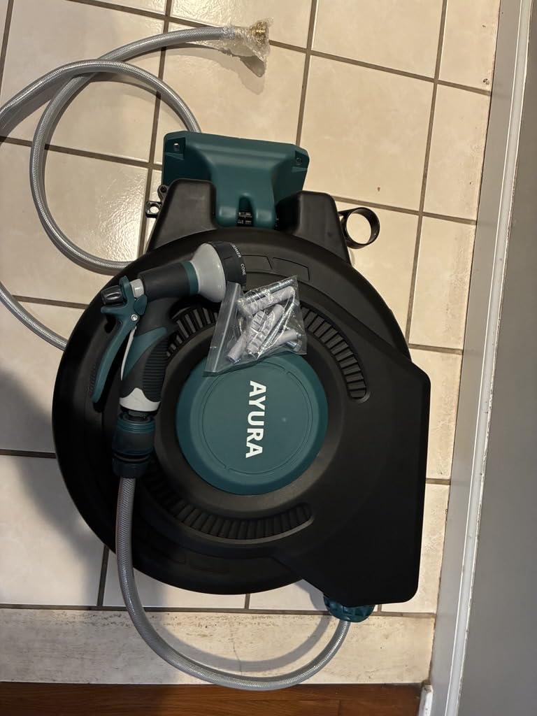AYURA Retractable Garden Hose Reel 100 ft x 1/2 inch with Pro Metal Shaft, Heavy Duty Automatic Garden Hose Reels with Kink-Free Rewind and Lock at Any Length, Wall Mount Water Hose Reel for Outside customer photo 1