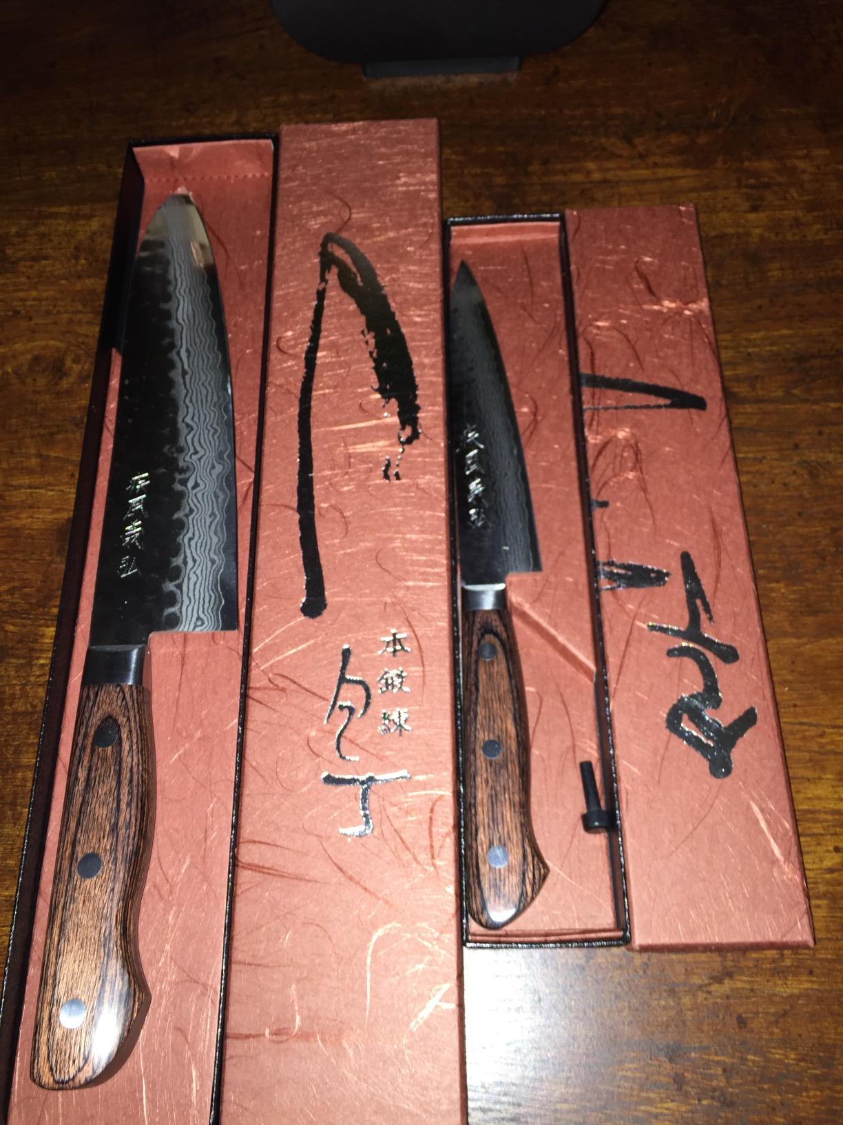 Yoshihiro VG10 16 Layer Hammered Damascus Stainless Steel Gyuto & Petty Utility Knife SET (Gyuto 8.25