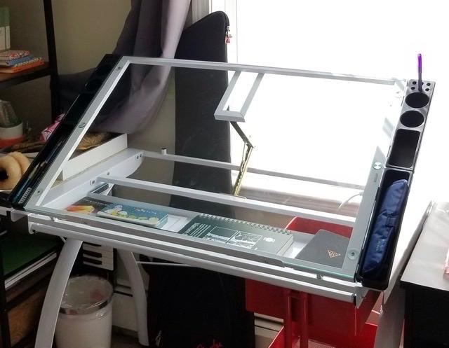 SD Studio Designs 10096 Futura Station with Folding Shelf Top Adjustable Drafting Craft Drawing Hobby Table Writing Studio Desk with Drawer, 35.5'' W x 23.75'' D, White/Clear Glass customer photo 1
