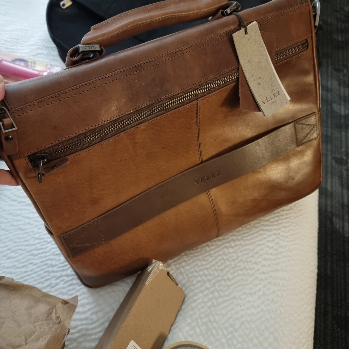 VELEZ Tan Full Grain Leather Messenger Bag for Men - 15