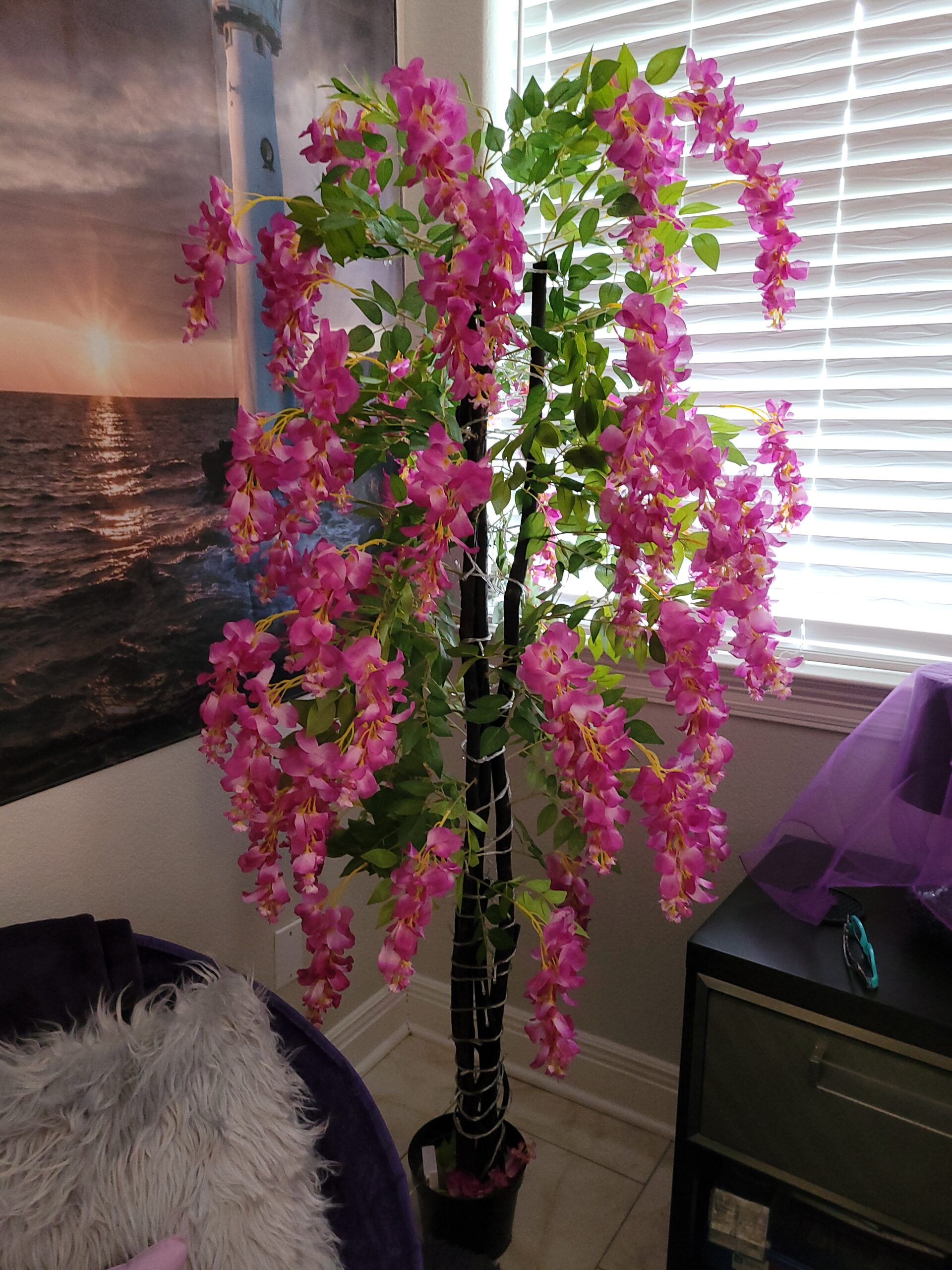 AMERIQUE Gorgeous & Unique 5 Feet Pre-Potted Artificial Purple Red Wisteria Tree with Flowers, Feel Real Technology customer photo 2