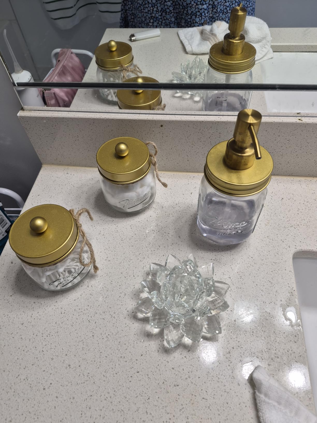 SheeChung 6Pcs Mason Jars Bathroom Accessories Set Complete - Toothbrush Holder, Lotion Soap Dispenser, 2 Mason Jars, Soap Dish, Toilet Paper Basket, Rustic Farmhouse Decor (Gold, 6Pcs Bathroom Set) customer photo 2