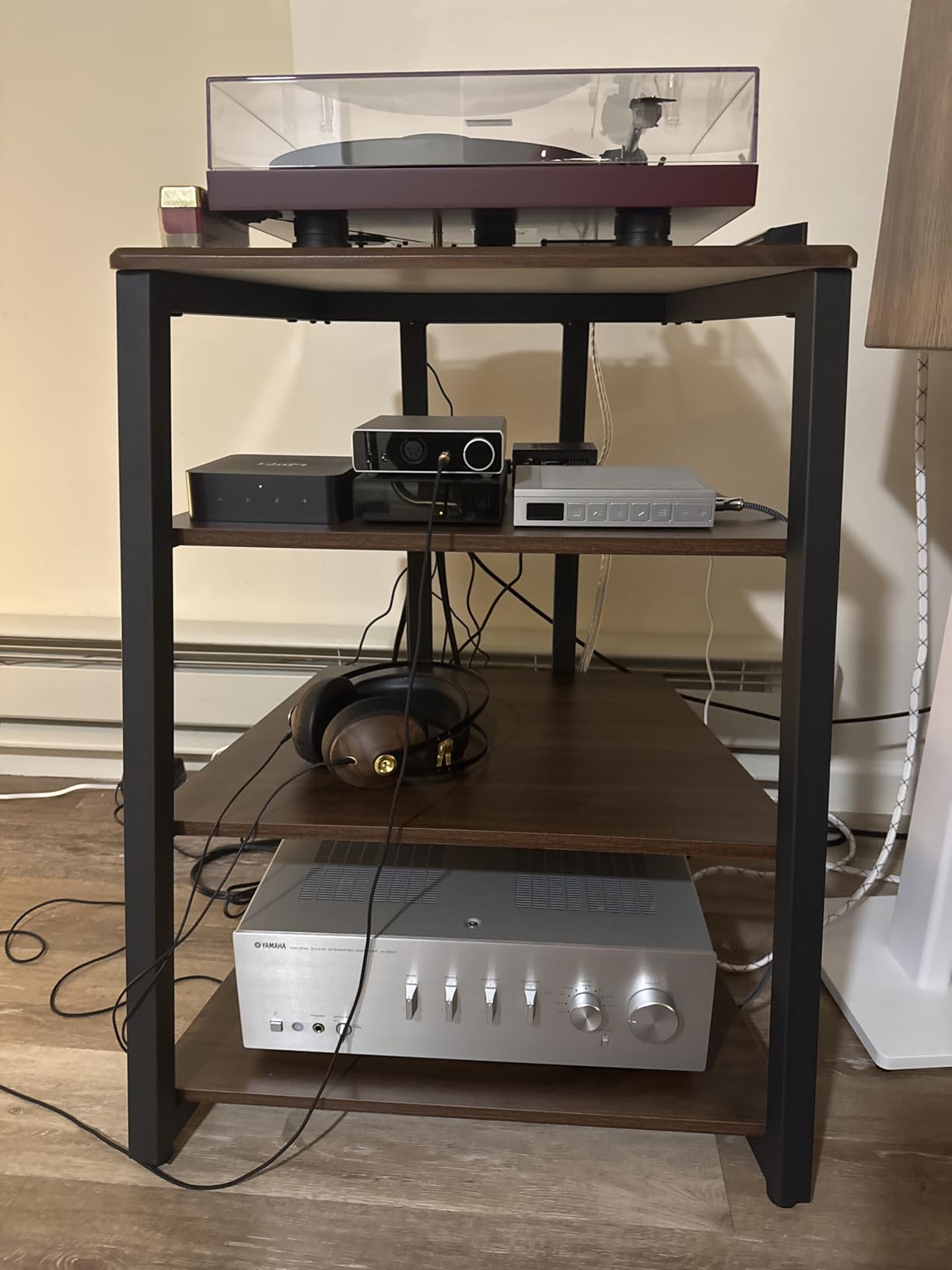 FITUEYES Design 4-Tier AV Media Stand Corner Shelf for Record Player Wooden Stereo Cabinet Audio Rack Tower with Height Adjustable Wooden Shelves customer photo 1