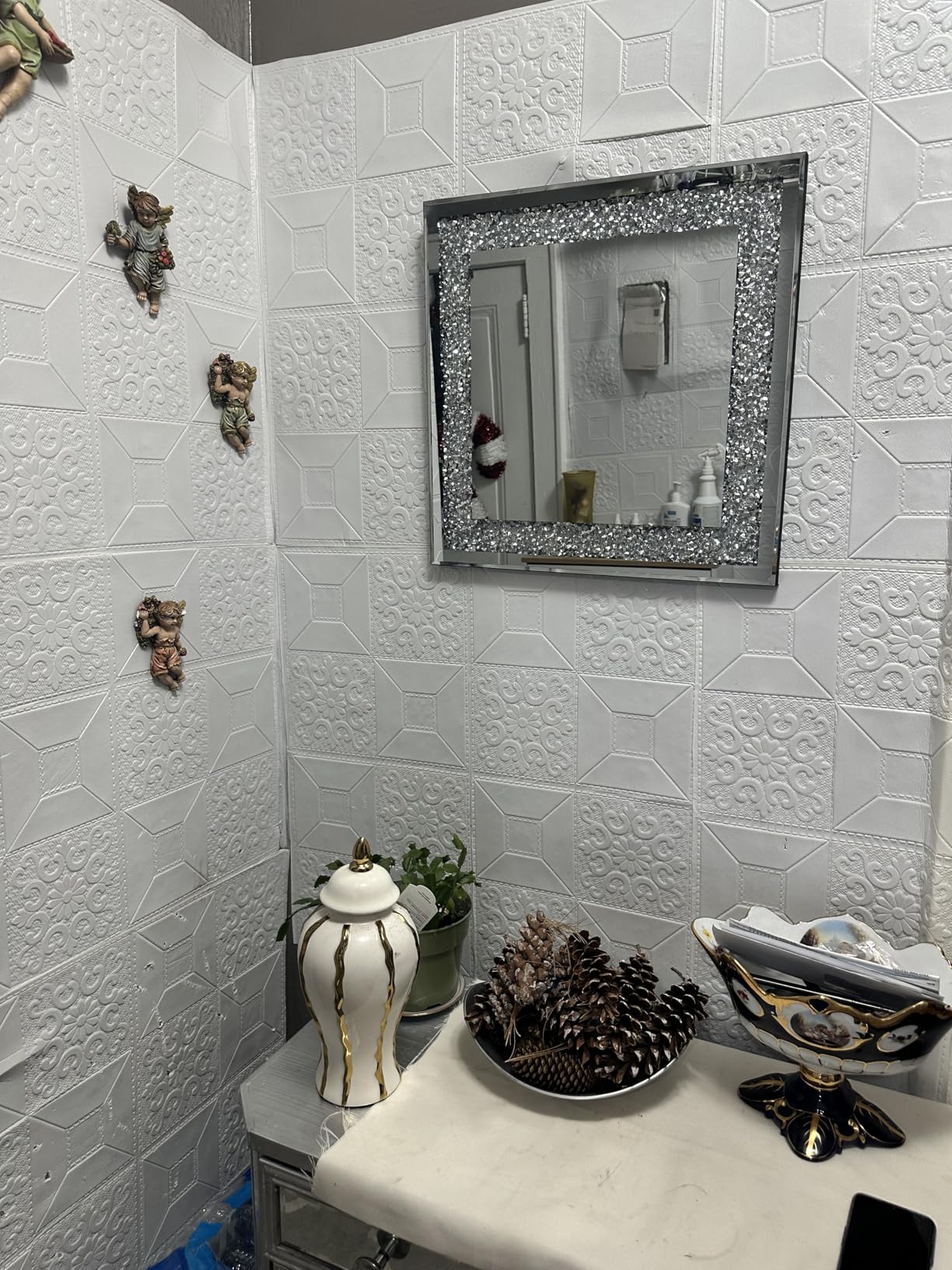QMDECOR Rectangle Sparkling Decorative Wall Mirror for Home Decoration with Silver Crystal Crush Diamond Décor, Dimention16x20x1 inch, Wall Hang Frameless Mirrors Glass Diamond Décor. customer photo 2