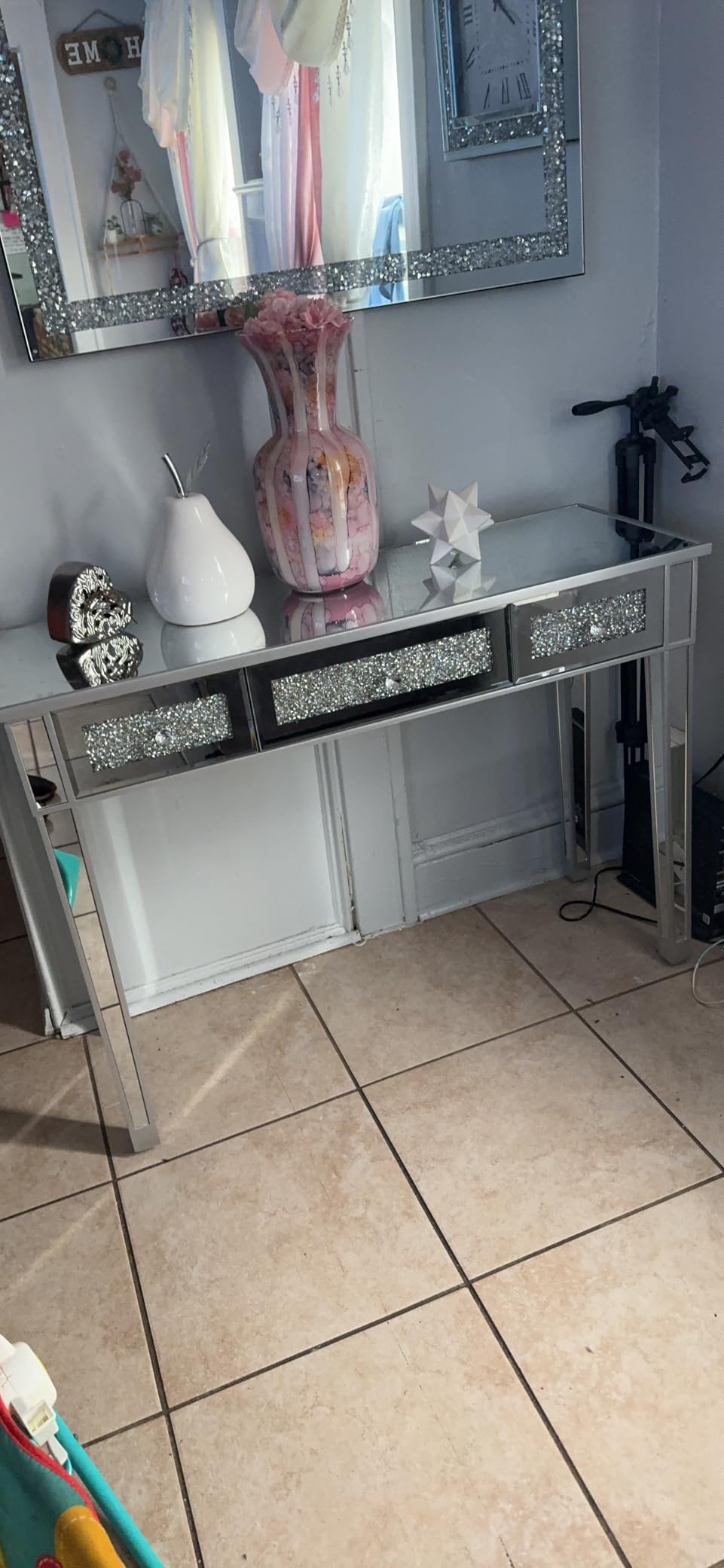 Crystal Decorative Mirror-36 x24 Gorgeous Silver Mirror, Crush Diamond Mirror for Wall Decoration Bedroom, Bathroom, Dining Room and Living Room customer photo 1