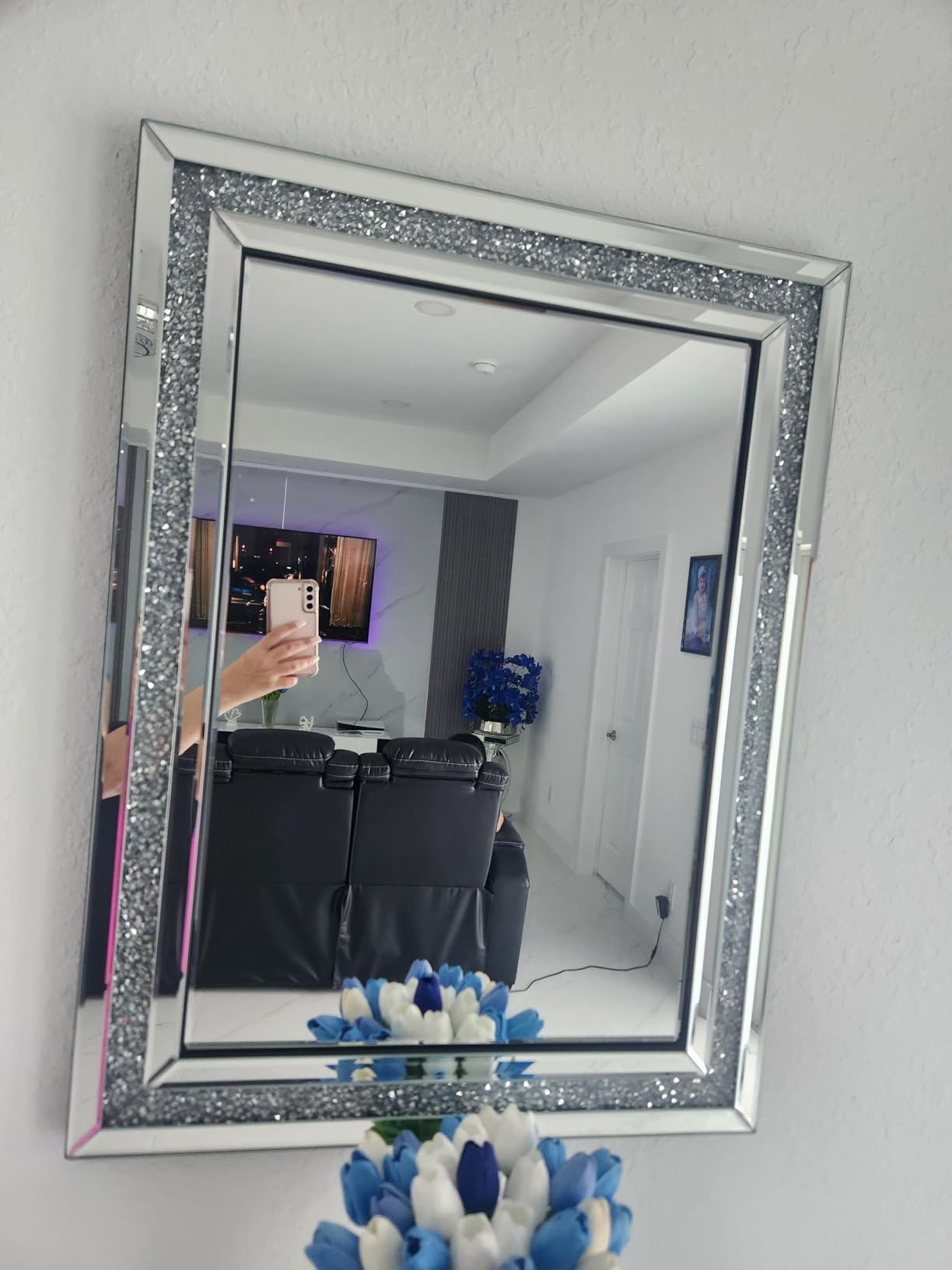 Decorative Wall Mirror, 32x24 Crushed Diamond Mirrors with Crystal for Wall Decor Living Room Silver Luxury Modern Mirrored Home Decoration Big Large Mirror Silver customer photo 1