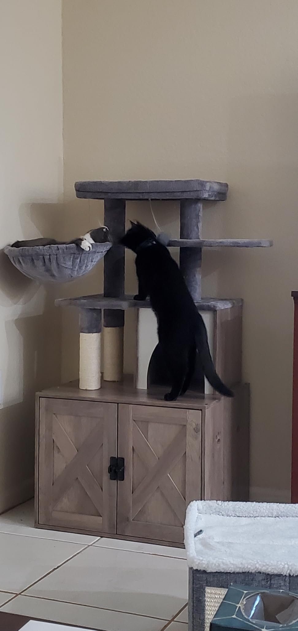 Snughome Cat Litter Box Enclosure with Tree Tower and Condo, Hidden Washroom Furniture with Sisal Scratching Post and Soft Plush Perch, Wooden Cat Furniture with Multiple Platforms, Grey customer photo 2