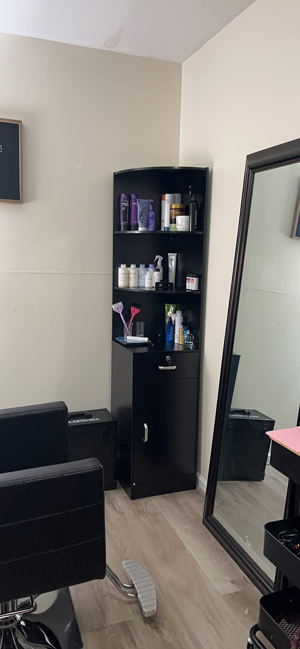 Paddie Corner Hair Salon Station, Wall Mount Salon Storage Hair Stylist Equipment Set w/Lockable Drawers/Storage Cabinet customer photo 1