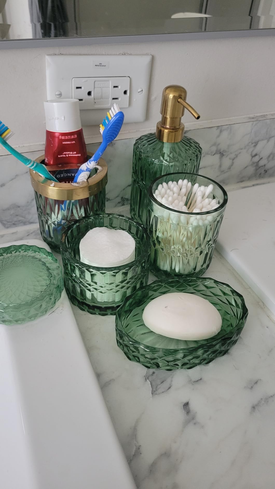 EMPO 6PCS Bathroom Clear Glass Accessories Set (Lotion Soap Dispenser, Soap Dish, Toothbrush Holder, Tumbler, Cotton Swab Jar), Contemporary Modern Decor Crystal Vintage Gift (6pcs Clear) customer photo 2