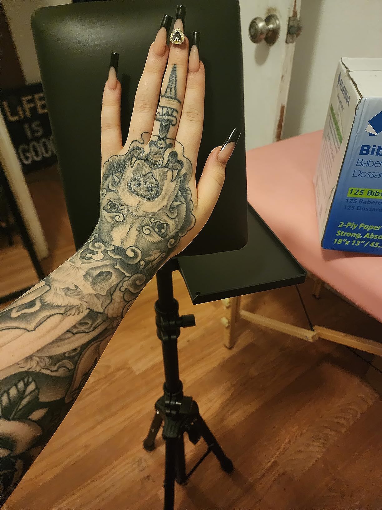 Tattoo Armrest Stand Tripod with Tray - ZHOOGE Foldable Tattoo Arm Leg Rest Stand Adjustable Height and Tilt Black Leather Pad customer photo 1