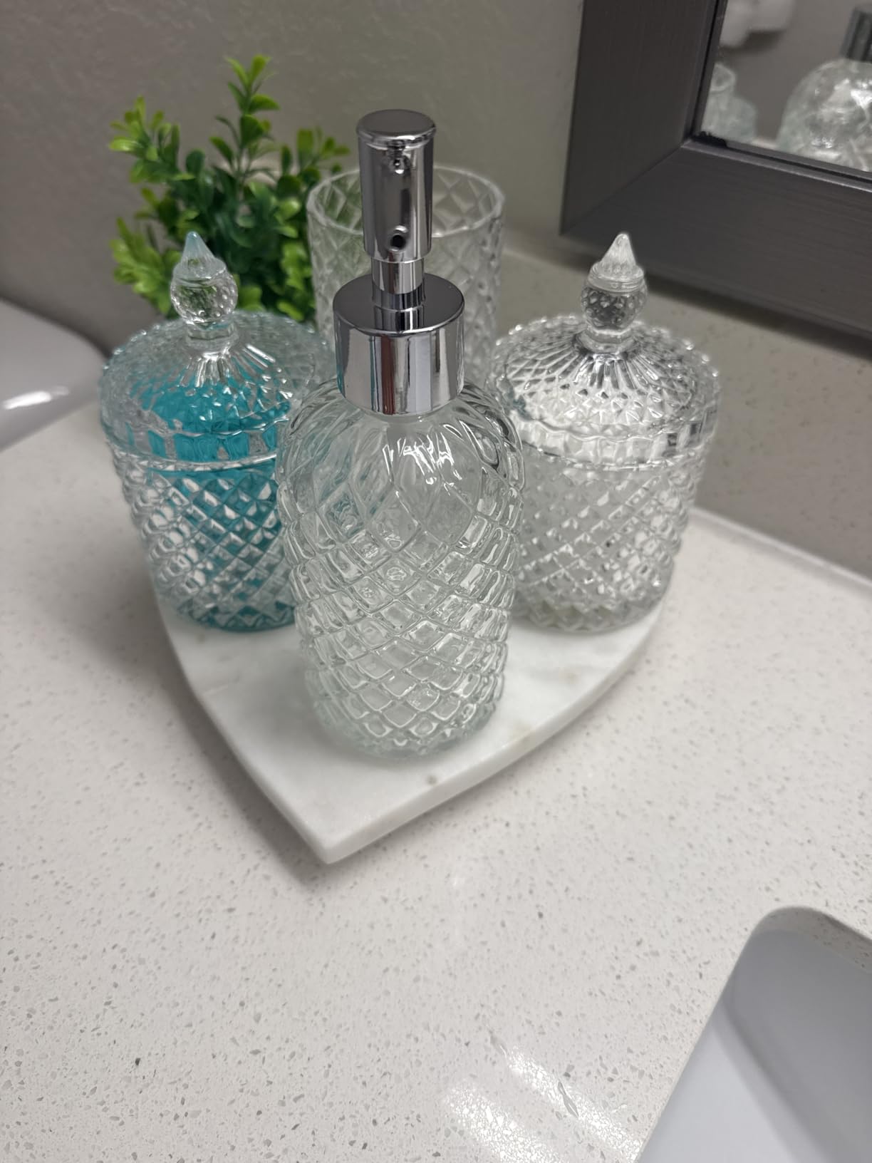 Bathroom Accessories Set, 4 Pack Clear Glass Bath Accessory Sets Complete, Diamond Soap Dispenser and Toothbrush Holder Set for Bathroom Counter Organizer Essentials, Modern Bathroom Decor customer photo 1