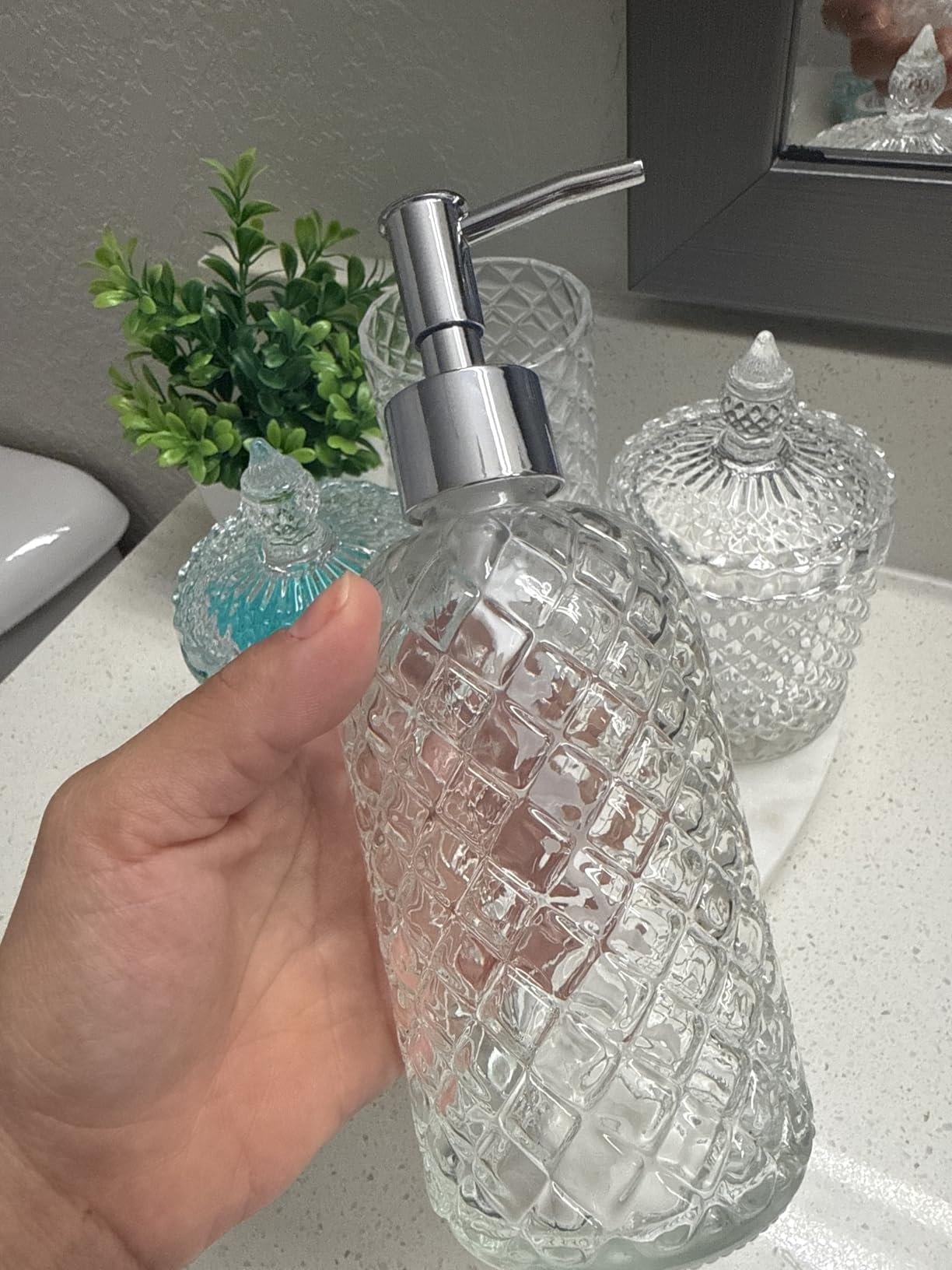 Bathroom Accessories Set, 4 Pack Clear Glass Bath Accessory Sets Complete, Diamond Soap Dispenser and Toothbrush Holder Set for Bathroom Counter Organizer Essentials, Modern Bathroom Decor customer photo 2