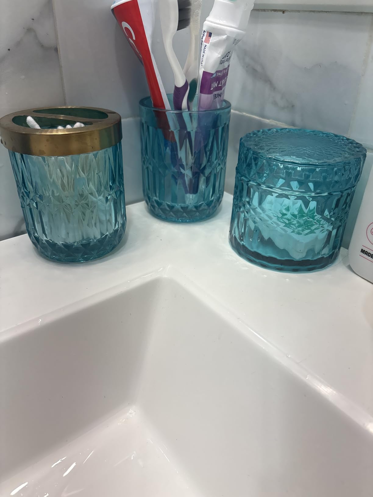 Clear Bathroom Accessories Set, 5pcs Crystal Glass Bathroom Set Accessories, Soap Dispenser, Toothbrush Holder Set, Soap Dish, Tumbler, Qtips Holder for Vintage Bathroom Decor, Gift Set customer photo 2
