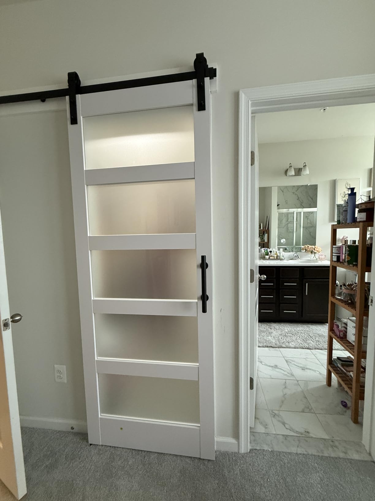 Fredbeck 48in x 84in White Glass Barn Door with 8FT 96inch Sliding Doors Hardware Kit Included & Handle customer photo 2