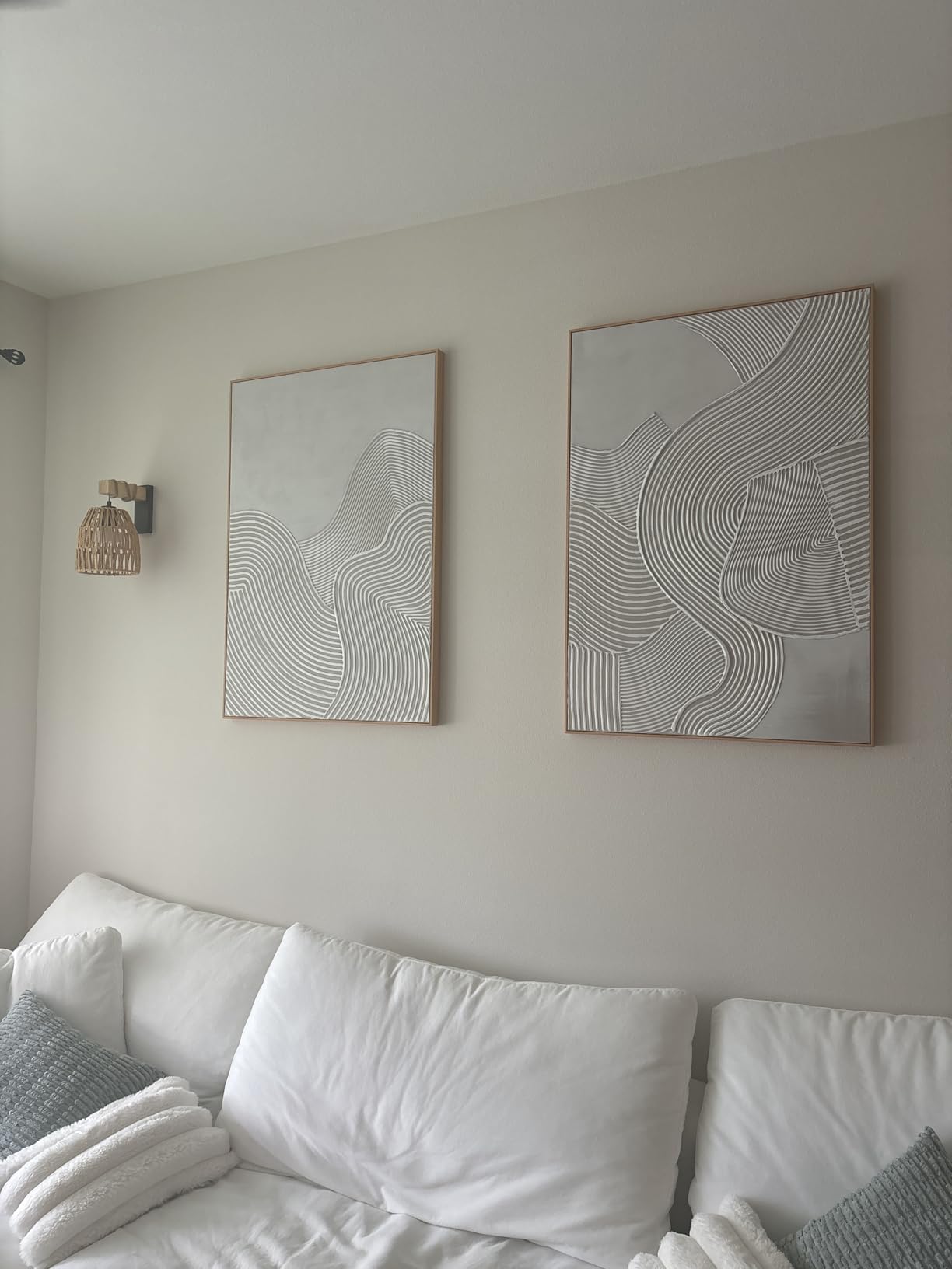 Framed Neutral Abstract Wall-Art Painting - Large Abstract Canvas Wall Decor 3D Curve Illustrations Hand painting for Living Room, Bedroom, Office - 2 Piece 28 x 40 Inch customer photo 1
