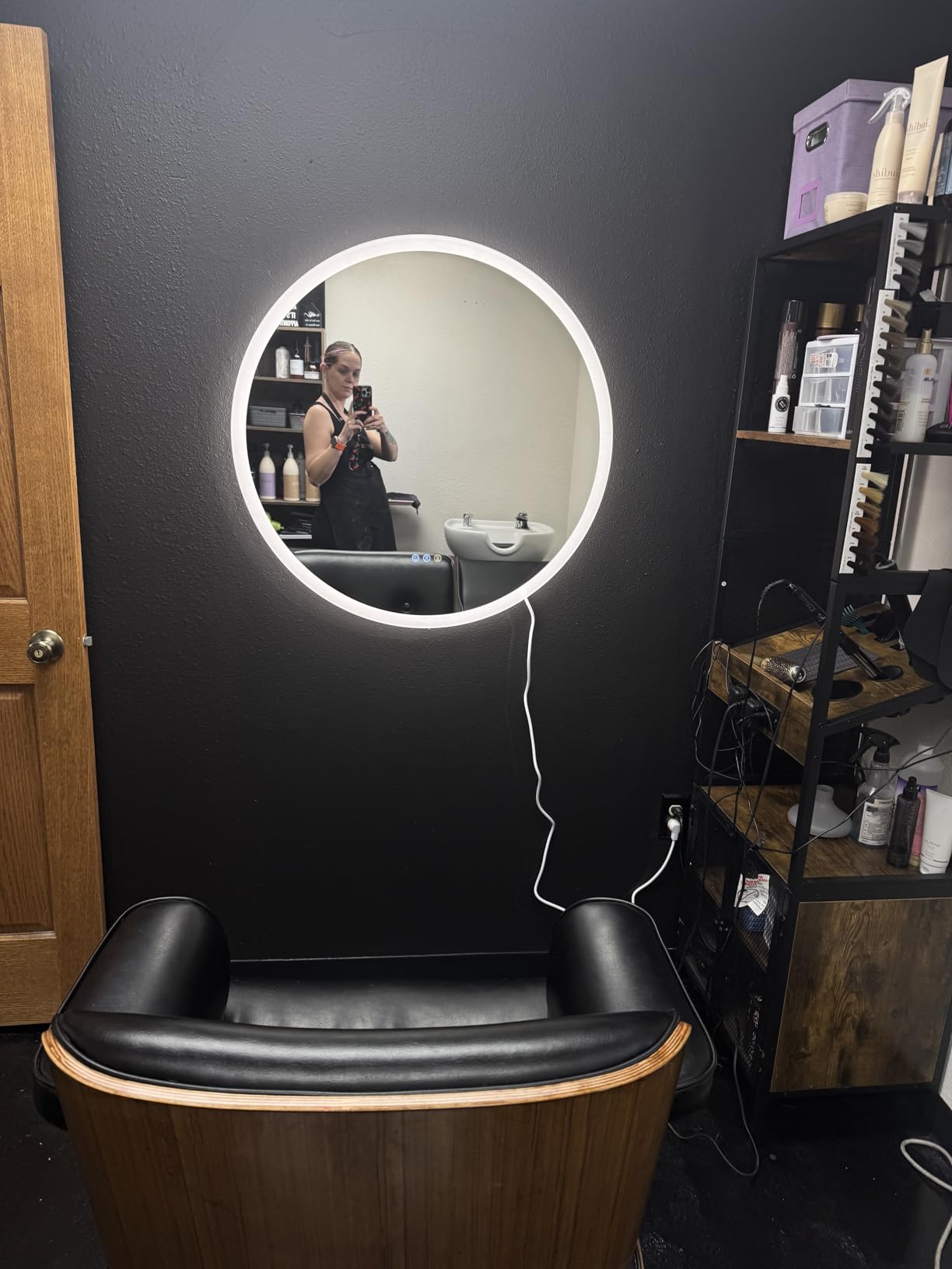 Industrial Salon Station for Hair Stylist, Beauty Spa Shelf and Storage Cabinet with Dryer Hole, 7 Tool Holders, Power Outlets, Styling Equipment for Barber Bathroom, 70.8