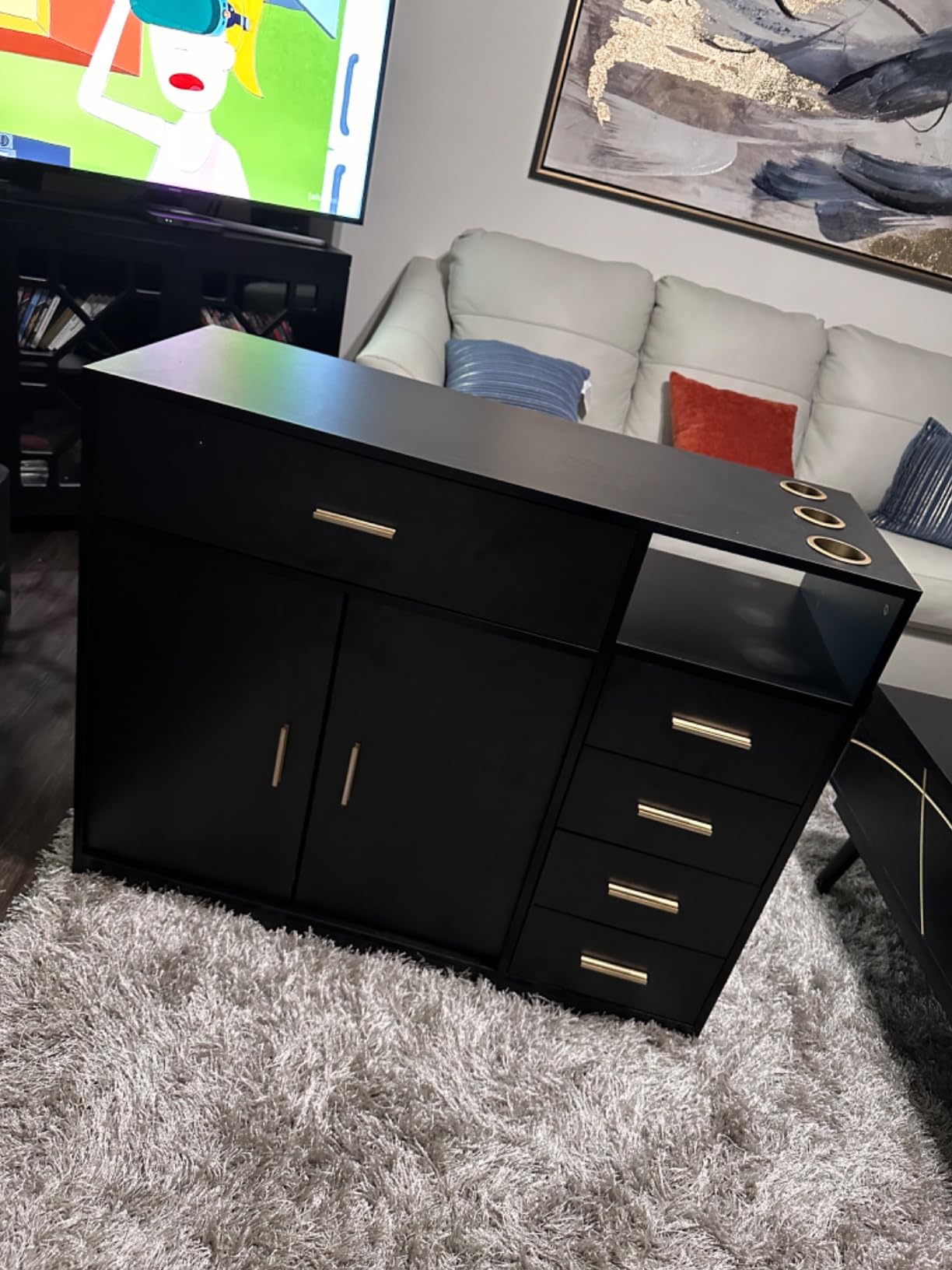 OmySalon Salon Station Free Standing Cabinet, Barber Hair Styling Stations, Beauty Dresser Spa Equipment with 5 Drawers, 1 Storage Cabinet, 3 Hair Dryer Holders, Black customer photo 1