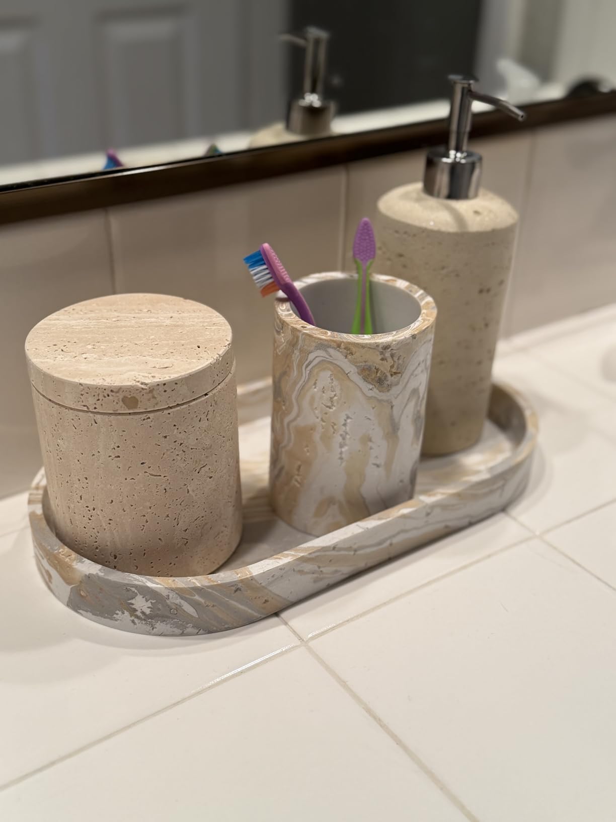 Natural Marble Canister, Cotton Swab Holder with Lid, Marble Toothbrush Holder Qtip Holder Storage for Cotton Swab, Floss Picks, Makeup Pad, Bath Salt, Beige White Travertine(NS019) customer photo 1