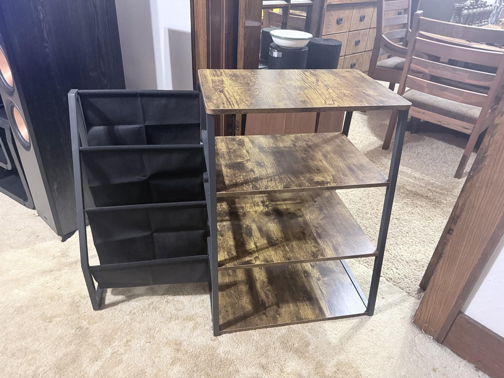 Besiost AV Media Stand with Outlets, Media Console with LED Lights, Stereo Racks and Stands with Storage Shelves, Media Audio Tower Stand, Light Grey Walnut customer photo 1